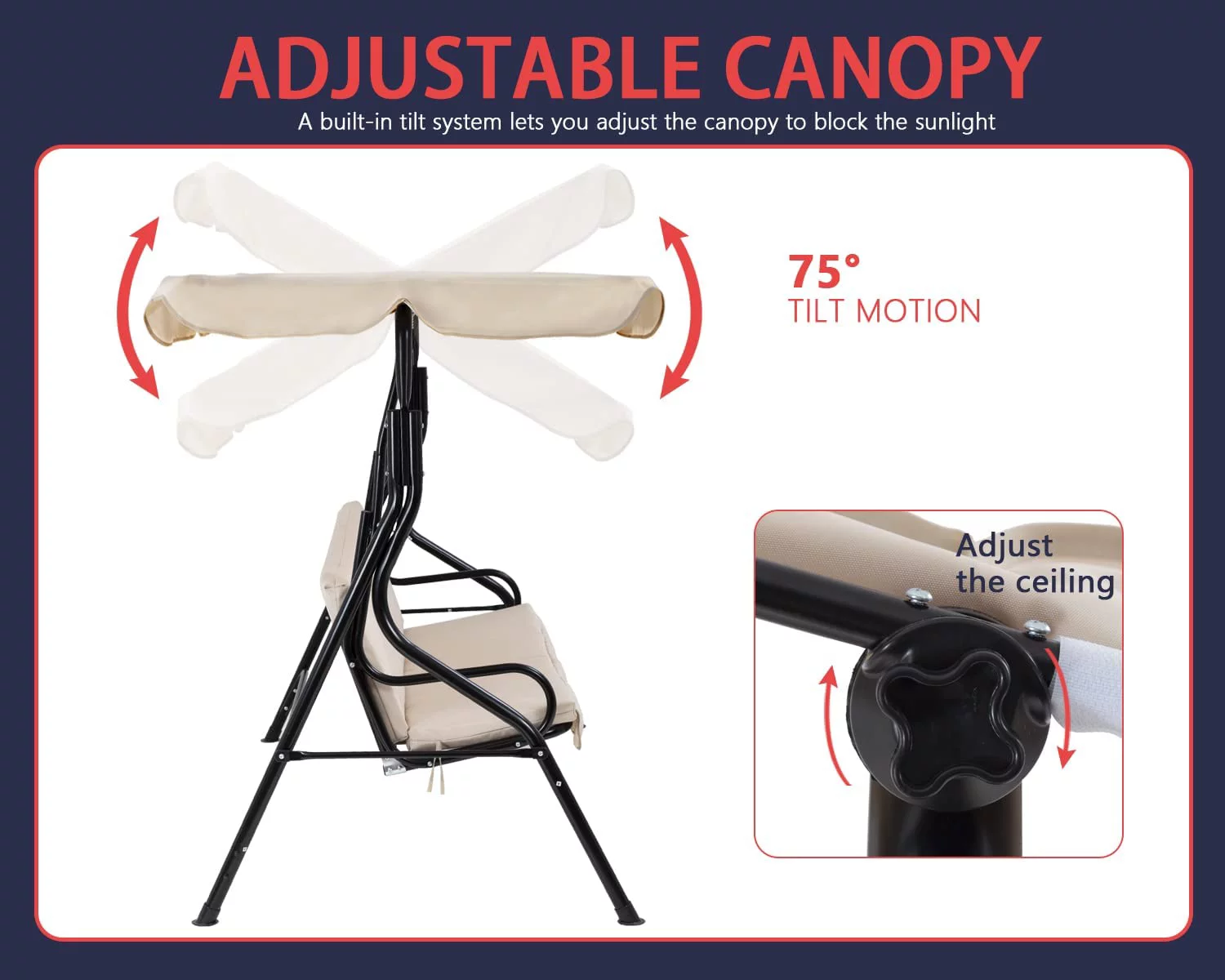 FDW Canopy Backyard Outdoor Swing Chair Removable Cushion Adjustable Recline Comfort Armrest Beige