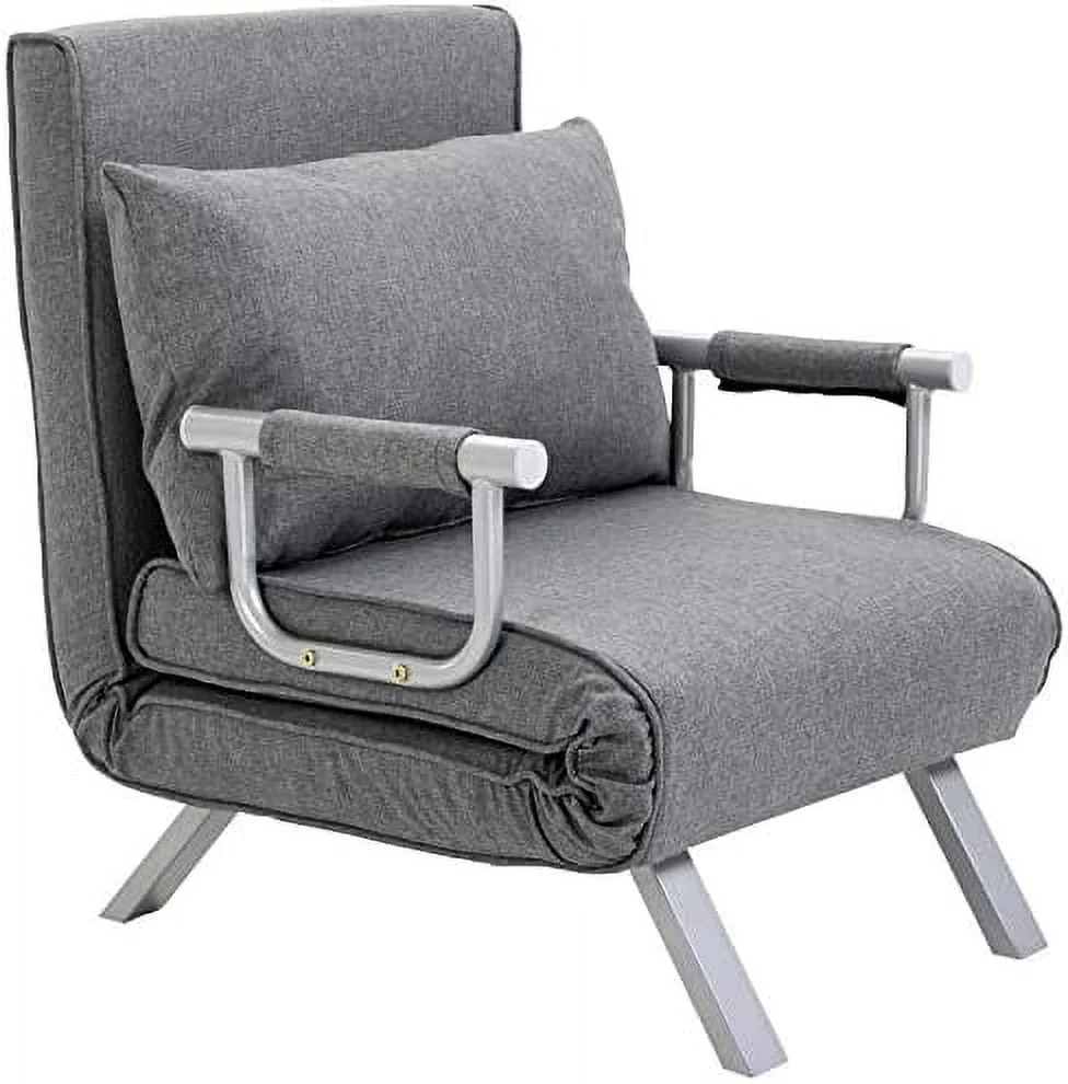 TJUNBOLIFE Single Person Folding 5 Position Convertible Sofa Bed Sleeper Chair Chaise Lounge Couch w/Pillow & Steel Frame for Home Office Light Grey