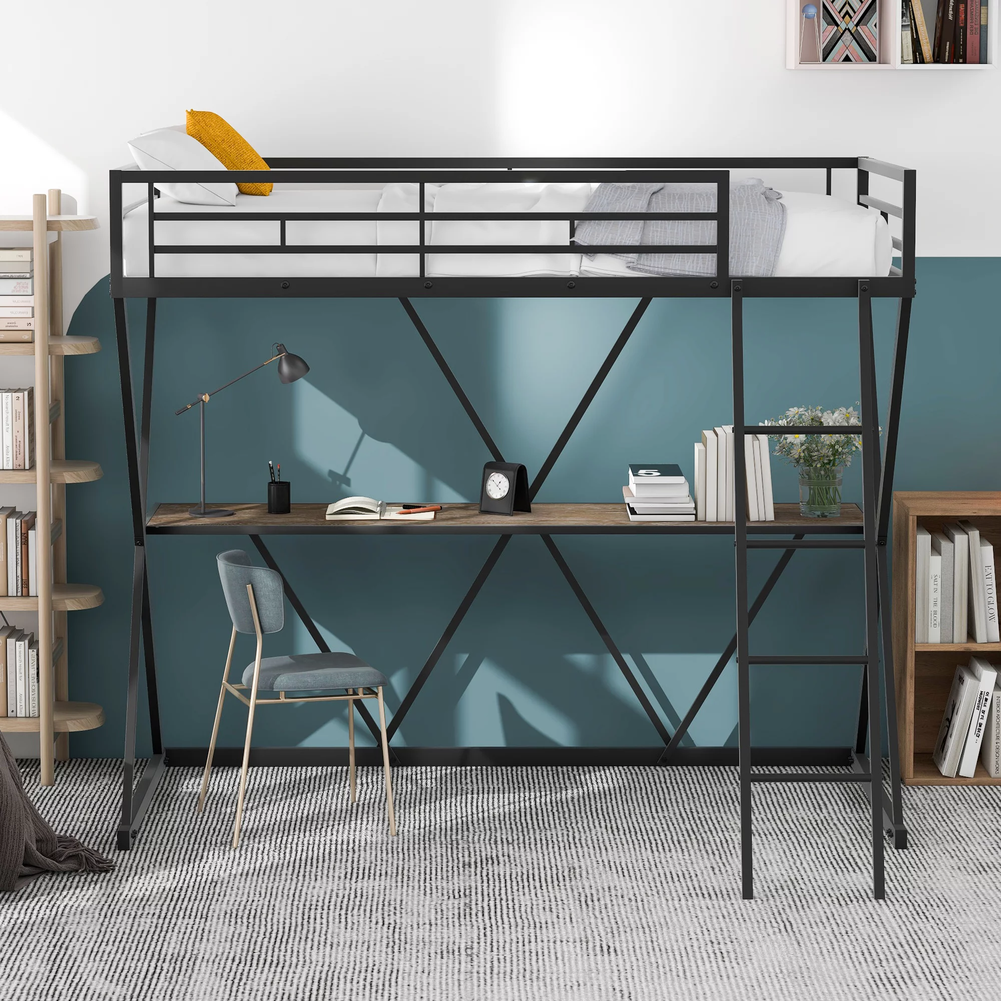 Gewnee Metal Twin Loft Bed with Desk and Ladder, X-Shaped Bed Frame for Kids,Teens, Black