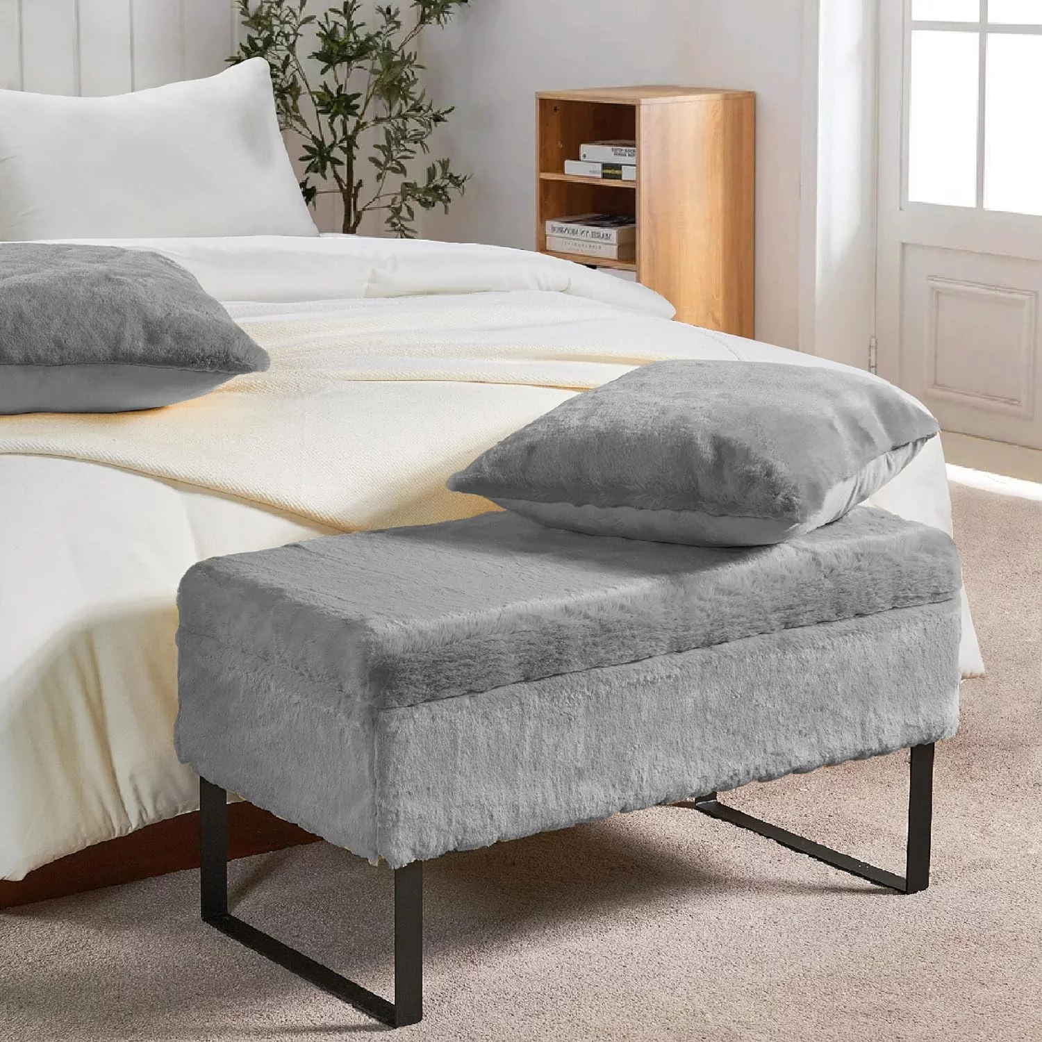 Heavy Faux Fur Storage Ottoman, 36'' X 18'' X 19''H / 20'' X 20'' Pillow Set, Silver, Foot Rest Stool Ottoman Living Room Bedroom End Of Bed Makeup Entryway Bench With Throw Pillow
