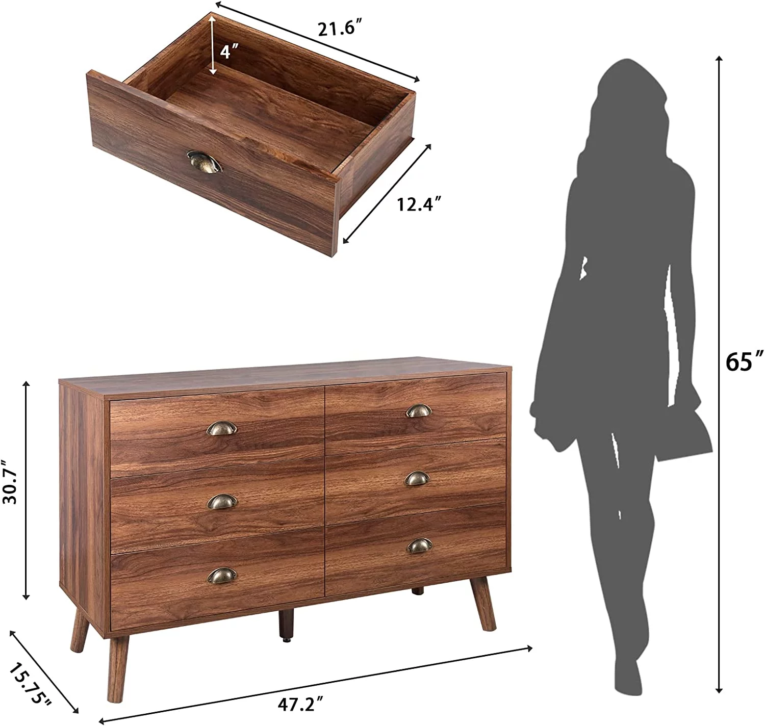 Popular Dresser for Bedroom Modern 6 Drawer Double Dresser with Metal Pulls Wood Horizontal Bedroom Dresser