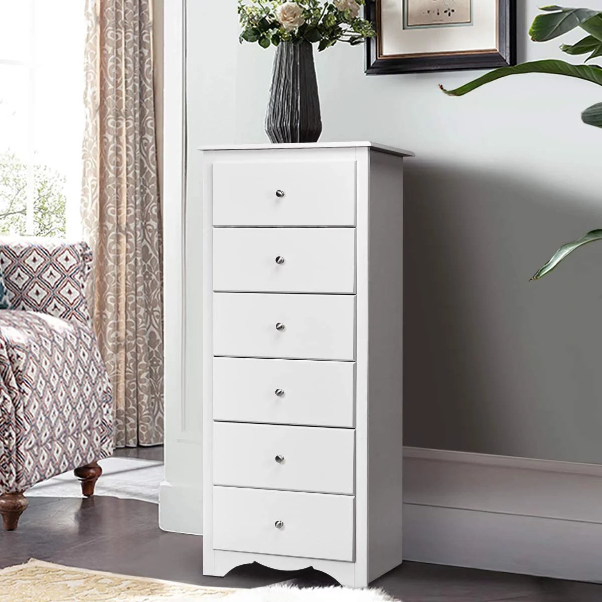 6 Drawer Chest Wooden Dresser Clothes Organizer Bedroom, Hallway, Entryway Furniture Tall Storage Cabinet (White)