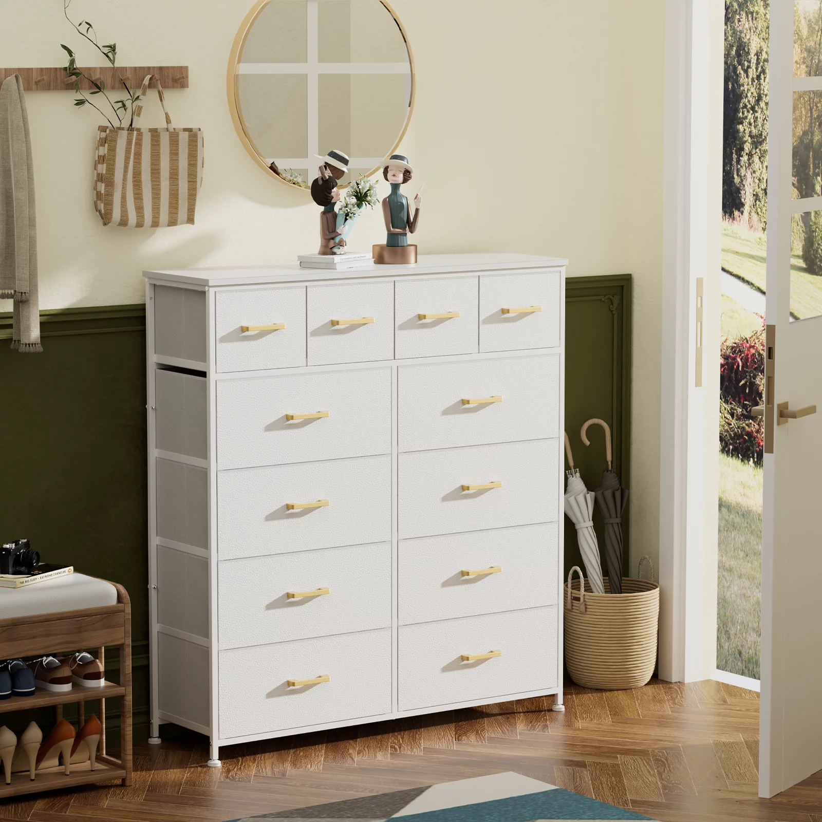 YILQQPER 12 Drawer Fabric Dresser Accent White Dresser Chest Storage Organizer for Bedroom with WoodBoard and Artificial Leather for Living Room, Hallway, Entryway, Closet, Nursery, Kids Bedroom