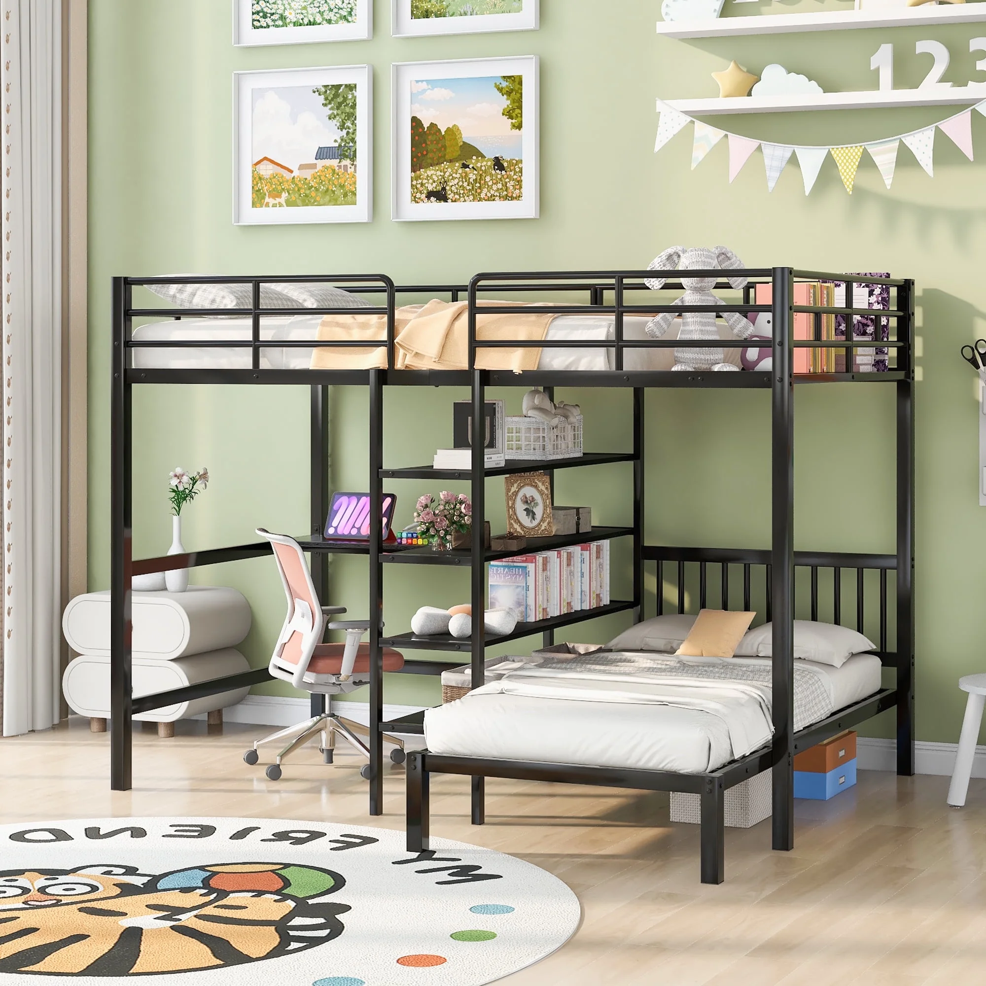 Metal Bunk Bed with Large Storage Space, Full Over Twin Bunk Bed, Bunk Bed Full Size with Built-in Desk, Shelves and Ladder for Kids Teens Girls Boys, No Spring Box Needed