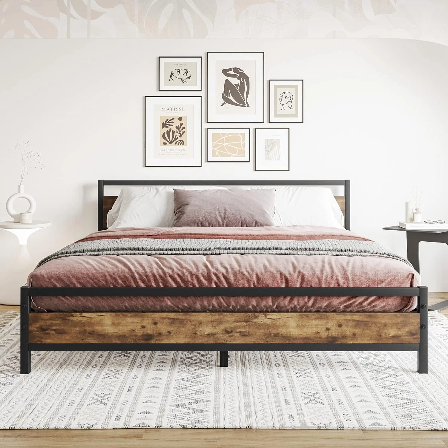 JIAH Metal Twin Size Bed Frame with Wood Headboard,Platform Bed Frame Twin,Bed Base Steel Slats,No Box Spring Needed,Black and Rustic Brown
