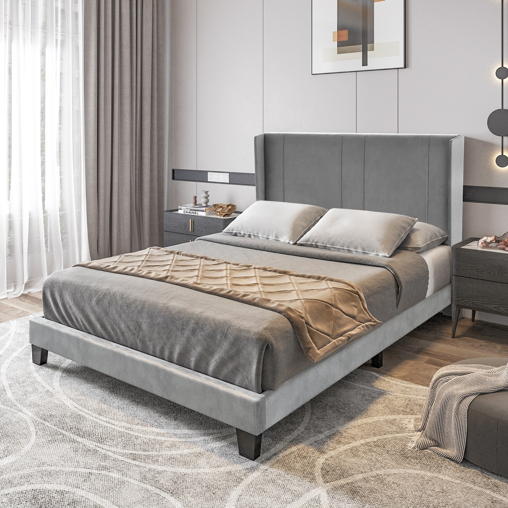 Modern Velvet Upholstered Platform Bed Frame Queen