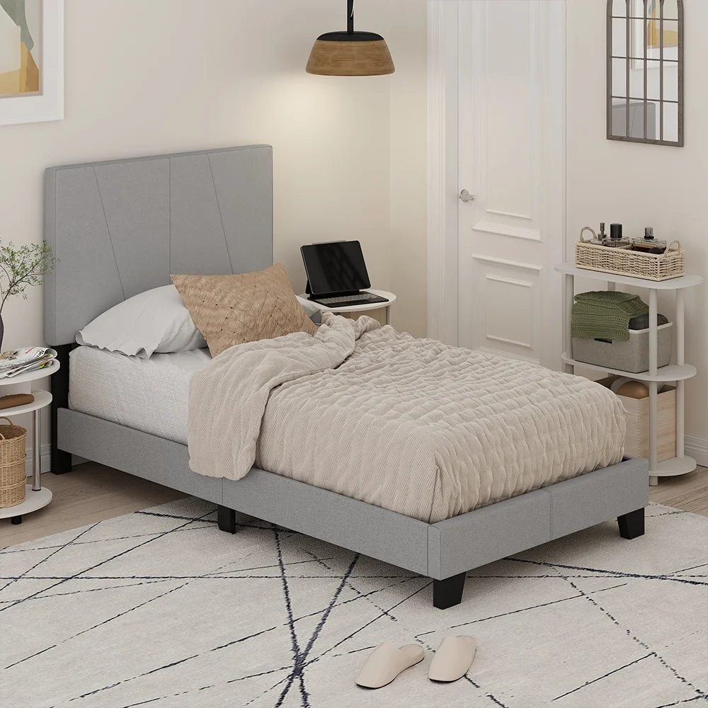 Furinno Lucy Geometric Design Headboard Bedframe, 12PC Slat Style, Glacier, Twin
