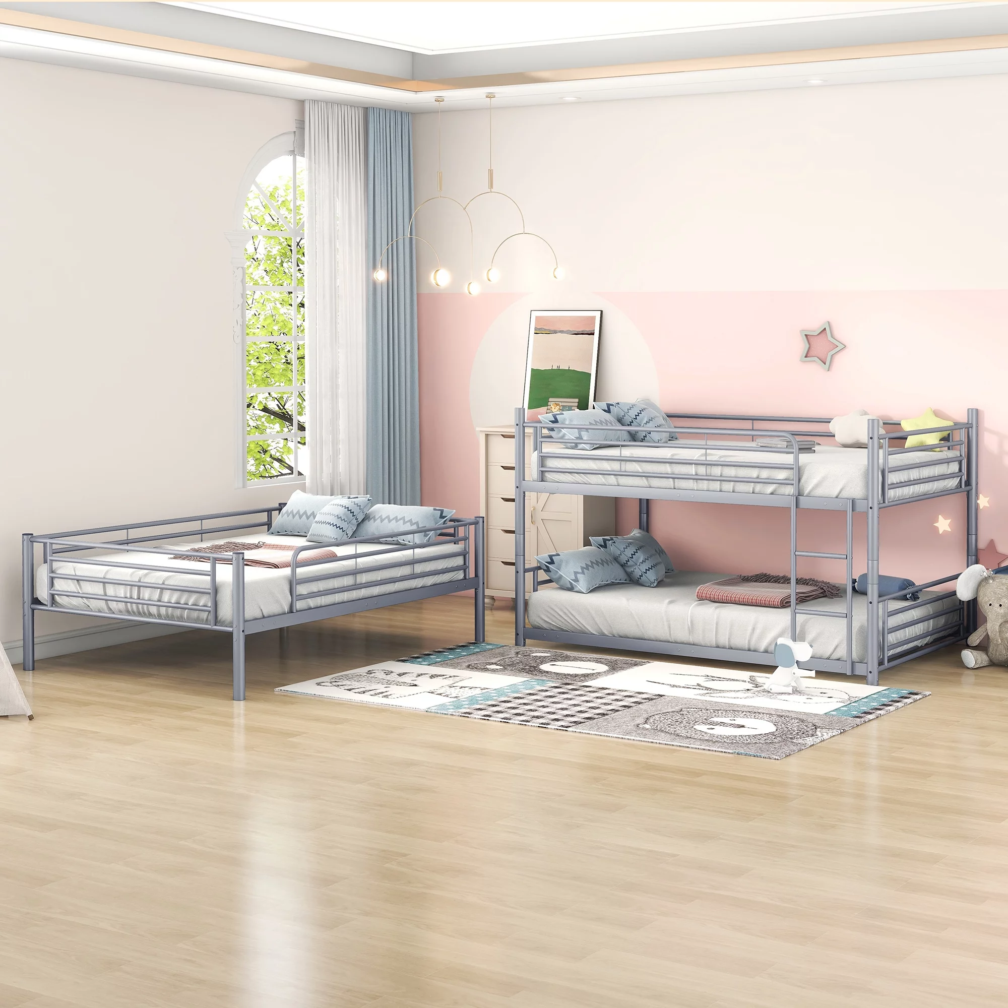 CoSoTower Full-Full-Full Metal Triple Bed with Built-In Ladder, Divided Into Three Separate Beds,Gray