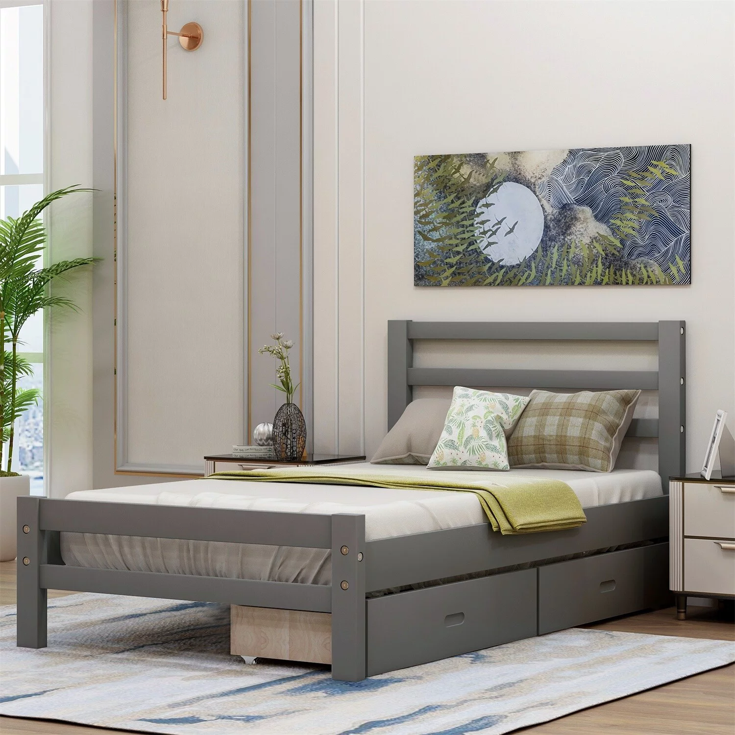 MERAX Wood Twin Bed Frame with Storage Drawers and Headboard White Twin