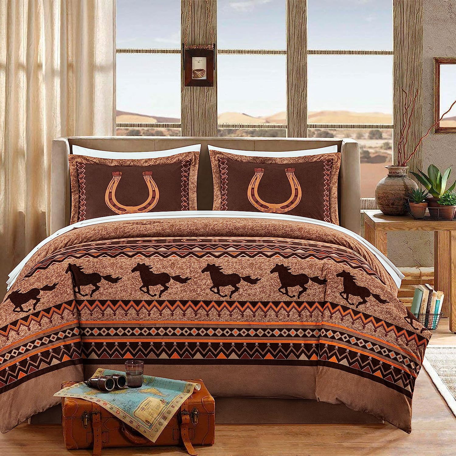 Chezmoi Collection Maverick 7-Piece Queen Microsuede Bed in a Bag Comforter Set - Southwestern Wild Horses Russet Brown Bedding Set with Comforter and Sheets