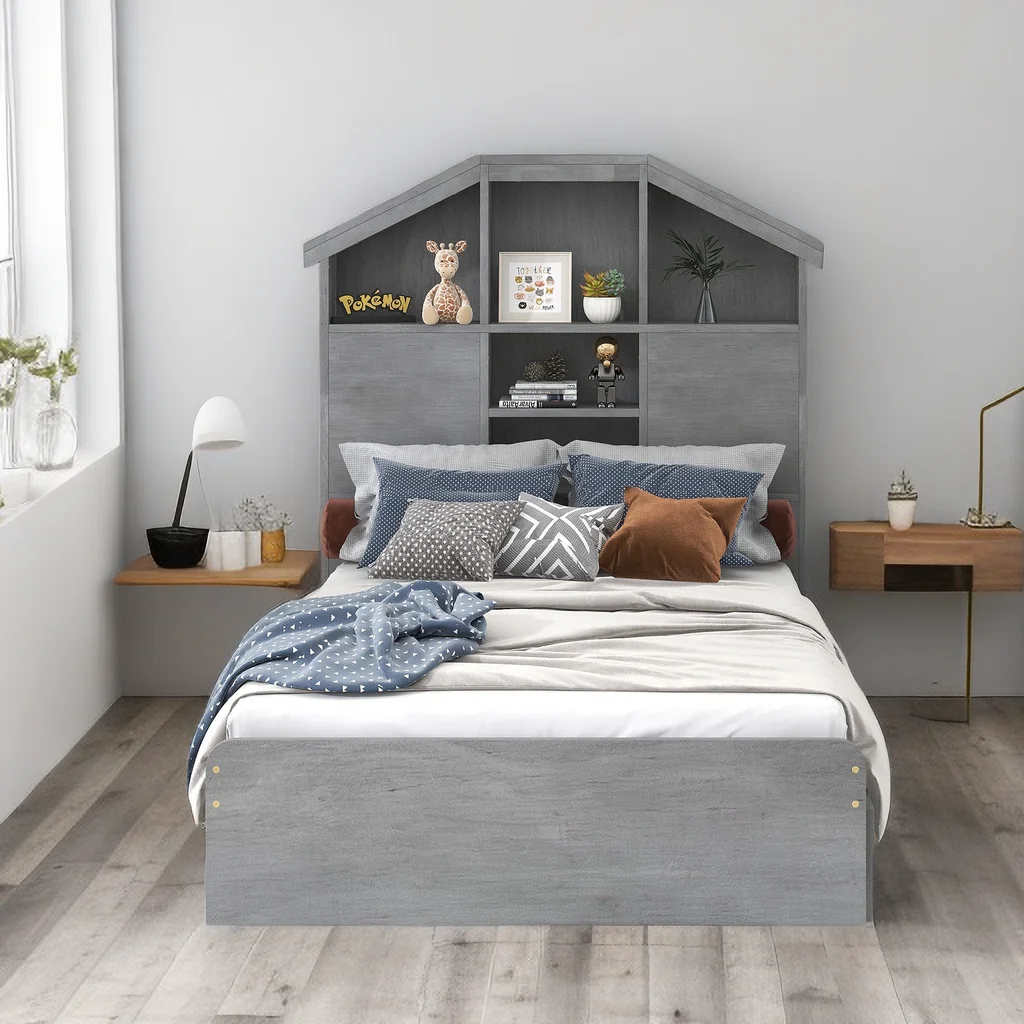 Twin Size Platform Bed with House-Shaped Storage Headboard and 2 Drawers, Solid Wood Bed Frame with Storage, House Shaped Storage Bed for Bedroom