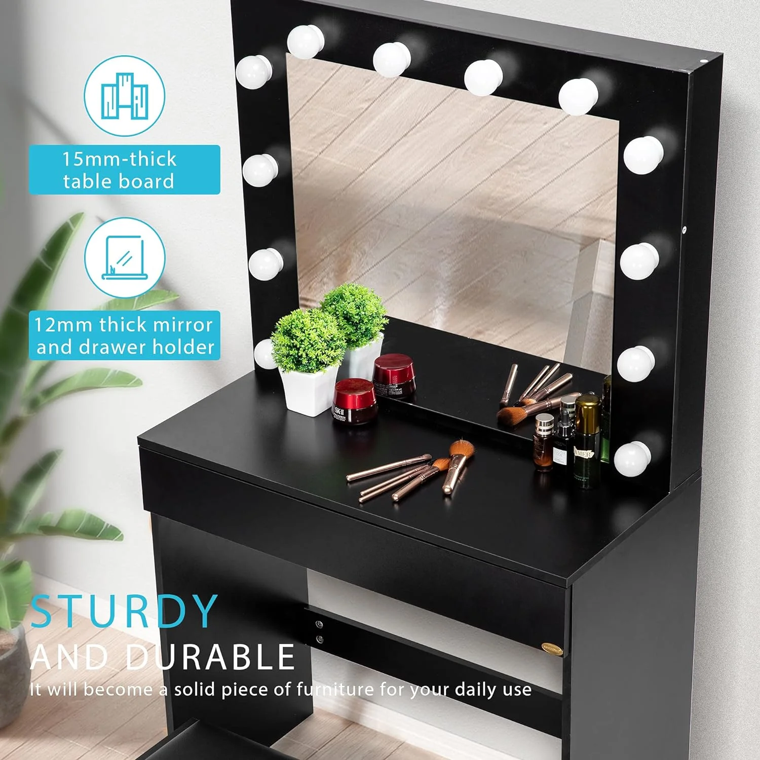 SPECSTAR Makeup Vanity Set with 12 Light Bulbs, Makeup Dressing Table with Lighted Mirror and Large Drawer, Black