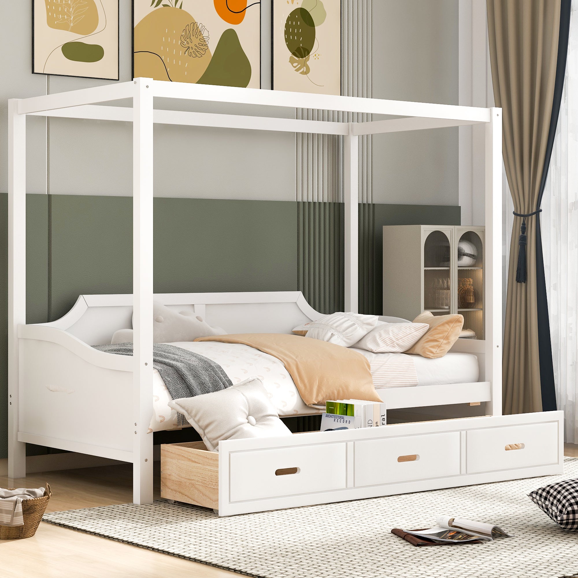 Buto Twin Size Wooden Canopy Daybed with 3 in 1 Storage Drawers - White