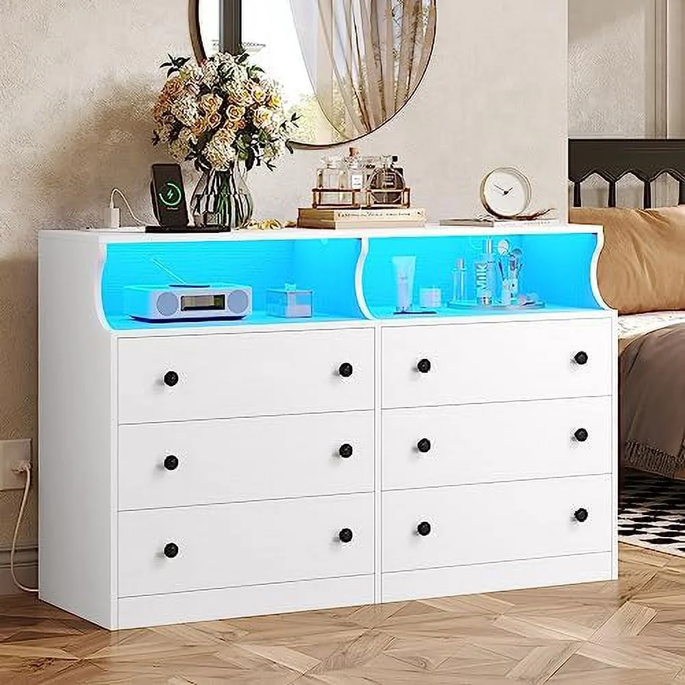 6 Drawer Dresser with LED Lights and Charging Station Wide Chest of 6 Drawers with Open Space Large Capacity Cabinet White Dresser for Bedroom Living Room Hallway