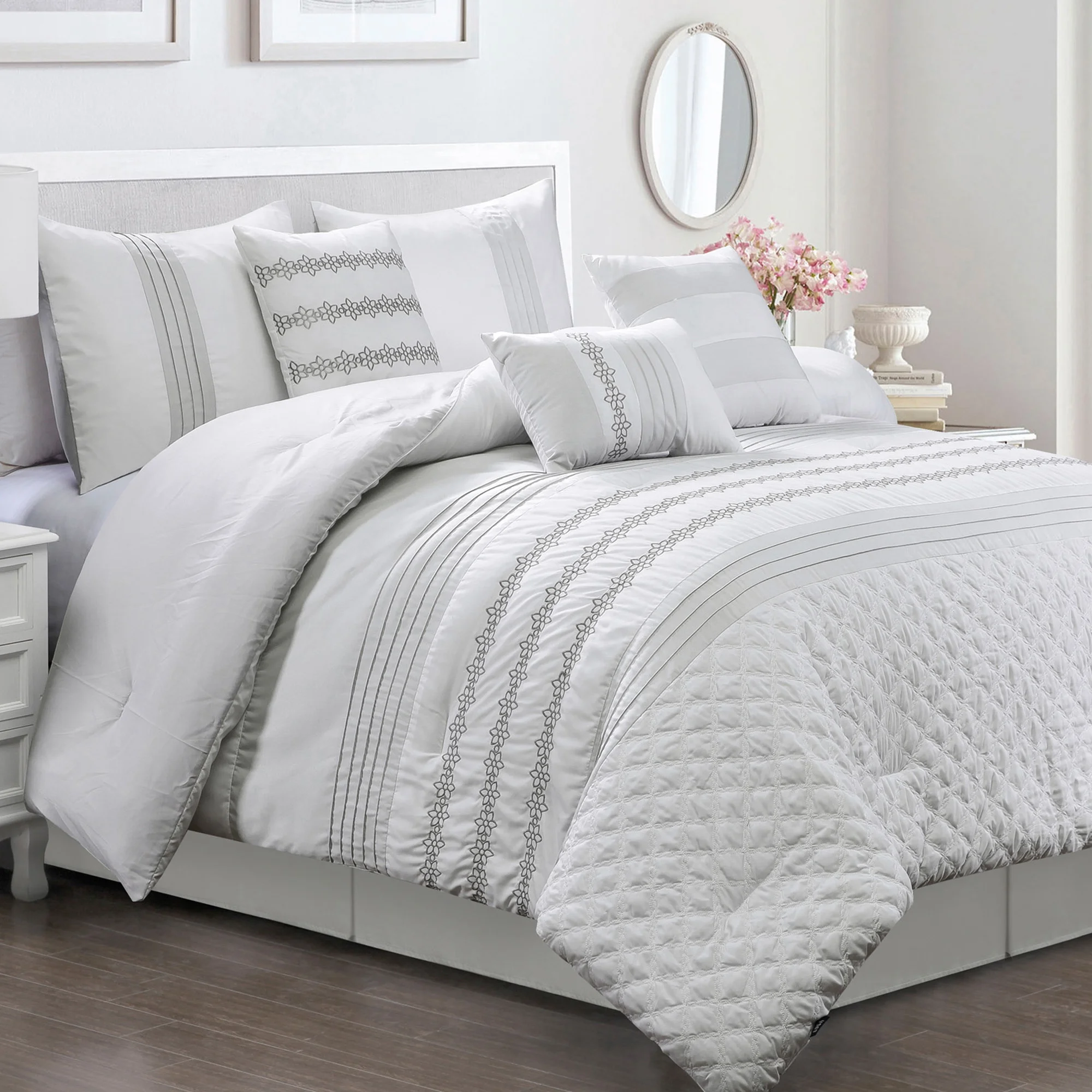 HIG 7 Piece Embroidery White Bed in a Bag, Modern and Stylish Comforter Set, Queen for Adults