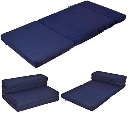 NLIBOOMLife 4" Thick Folding Portable Mattress Pad Sofa Bed with No Carrying Handles and Removable Washable Fabric  High-Density Foam Futon Sleepover Guest Easy to Store (Queen  Blue)