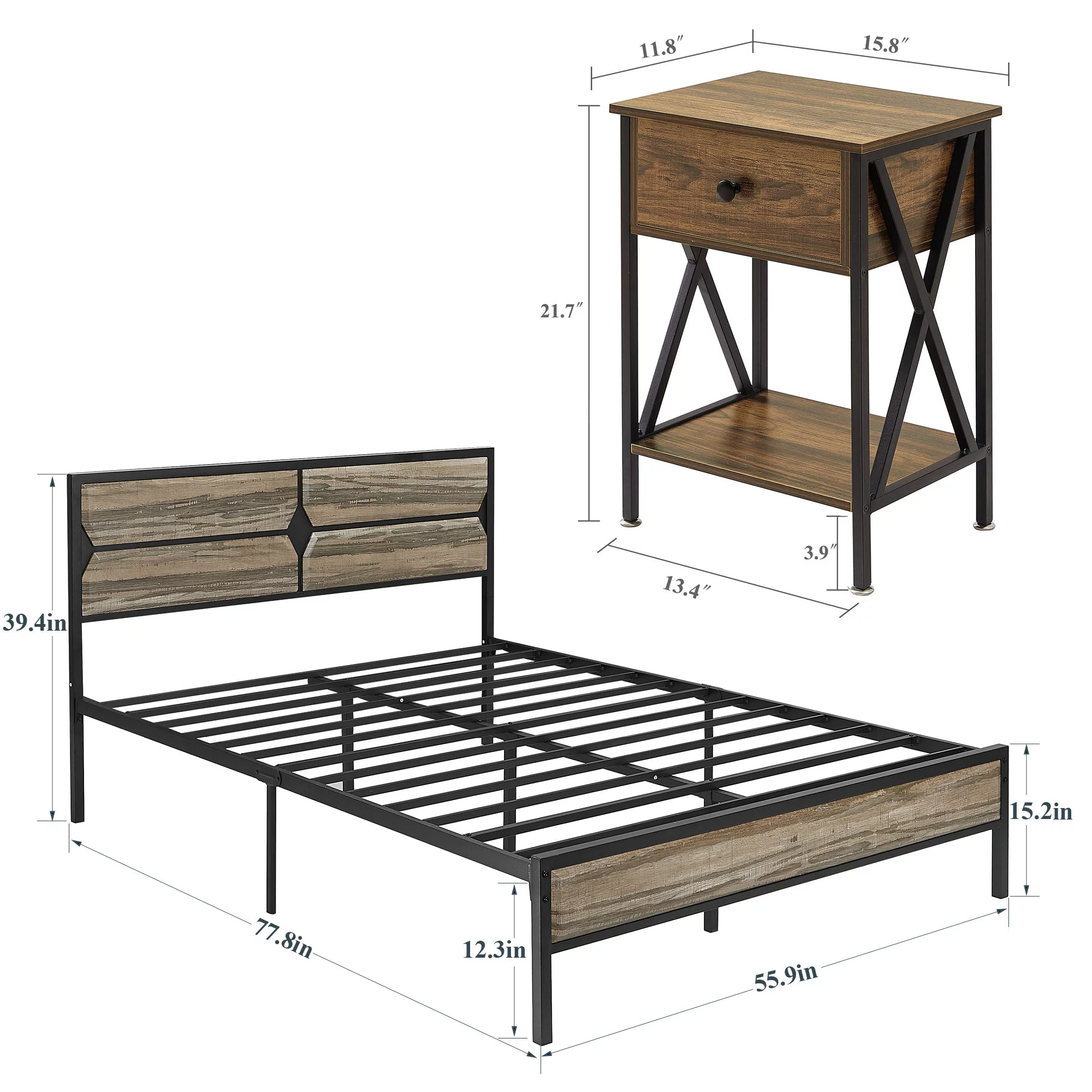 VECELO 3-Piece Bedroom Sets, Full Size Wooden Platform Bed with 2 Nightstands, No Box Spring Needed, Slate
