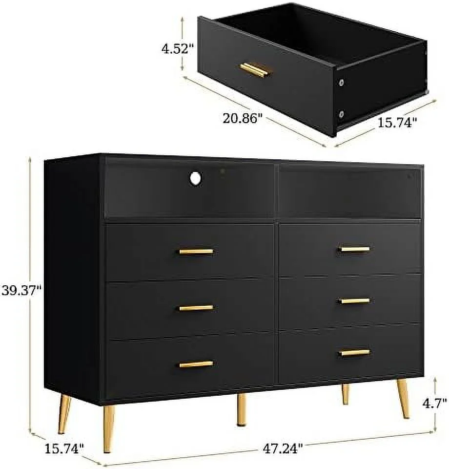 HOOMHIBIU Dresser  Black Dresser  Bedroom Dresser for Bedroom  Wood Dressers & Chests of Drawers  6 Drawer Dresser with LED  Dresser Wood with Drawers  Large Dressers Bedroom  47.2