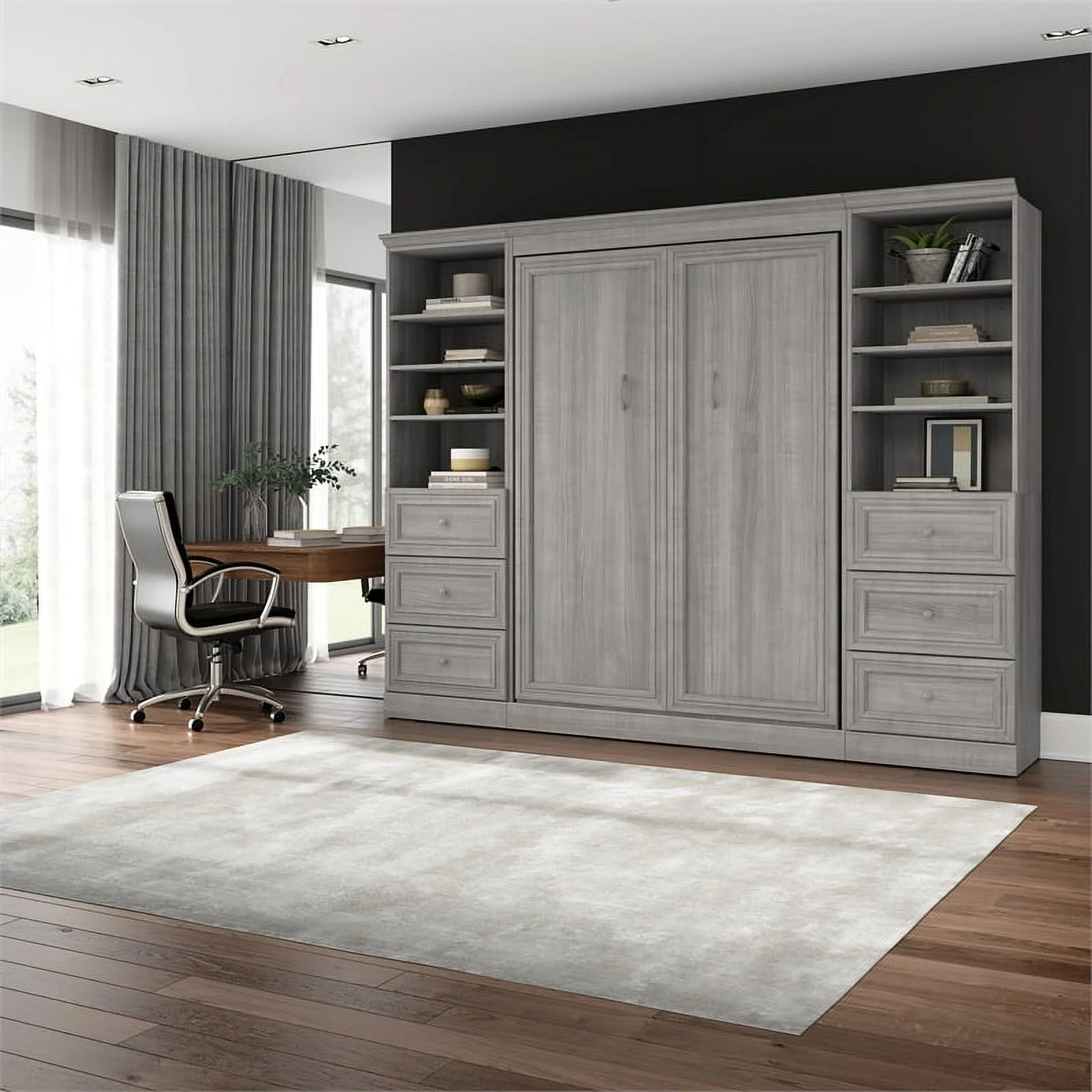 Bestar Versatile Engineered Wood Full Murphy Bed and 2 Organizers/Drawer - Gray
