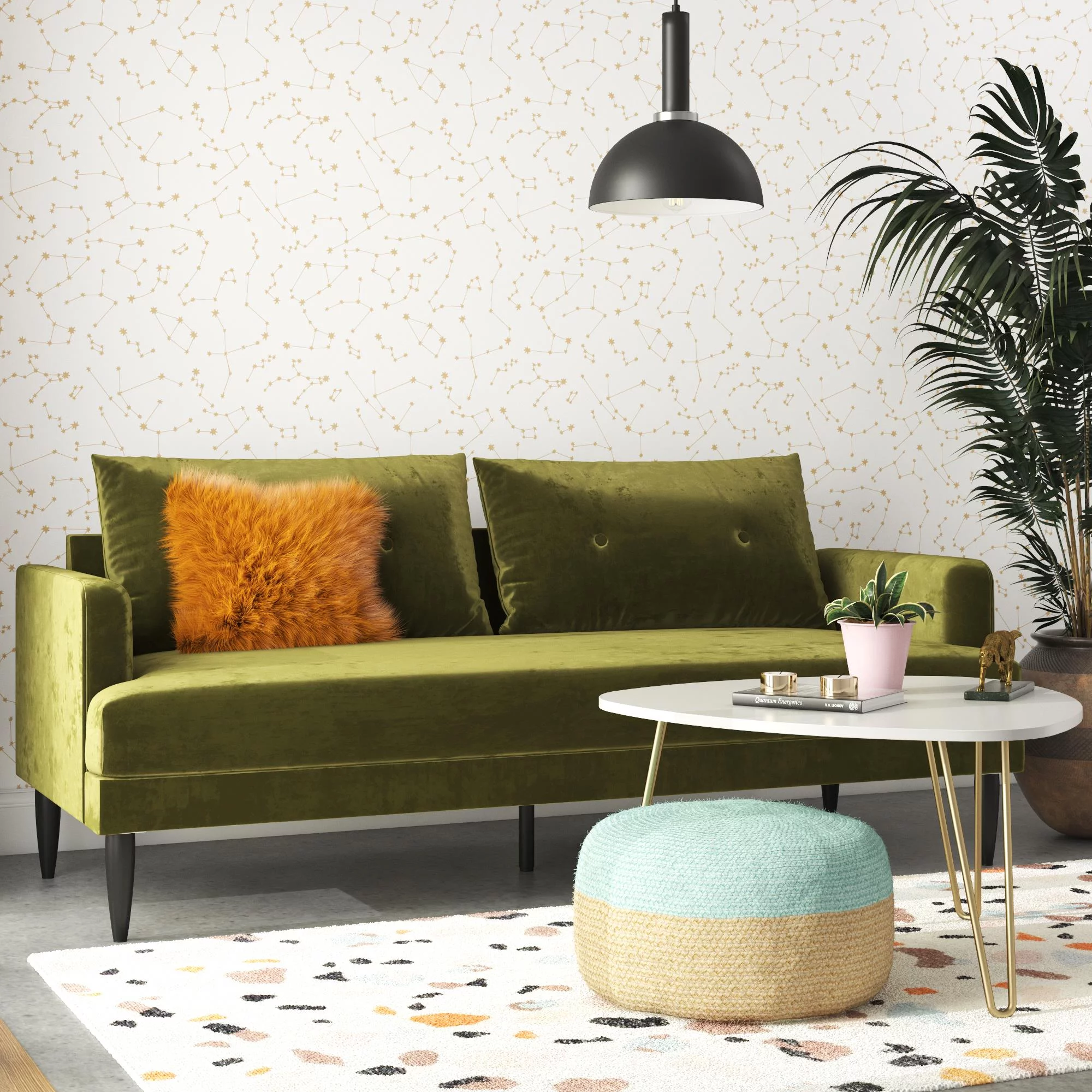 Novogratz Bailey Pillowback Sofa, Mid-Century Modern Vintage Living Room Furniture, Olive Green Velvet