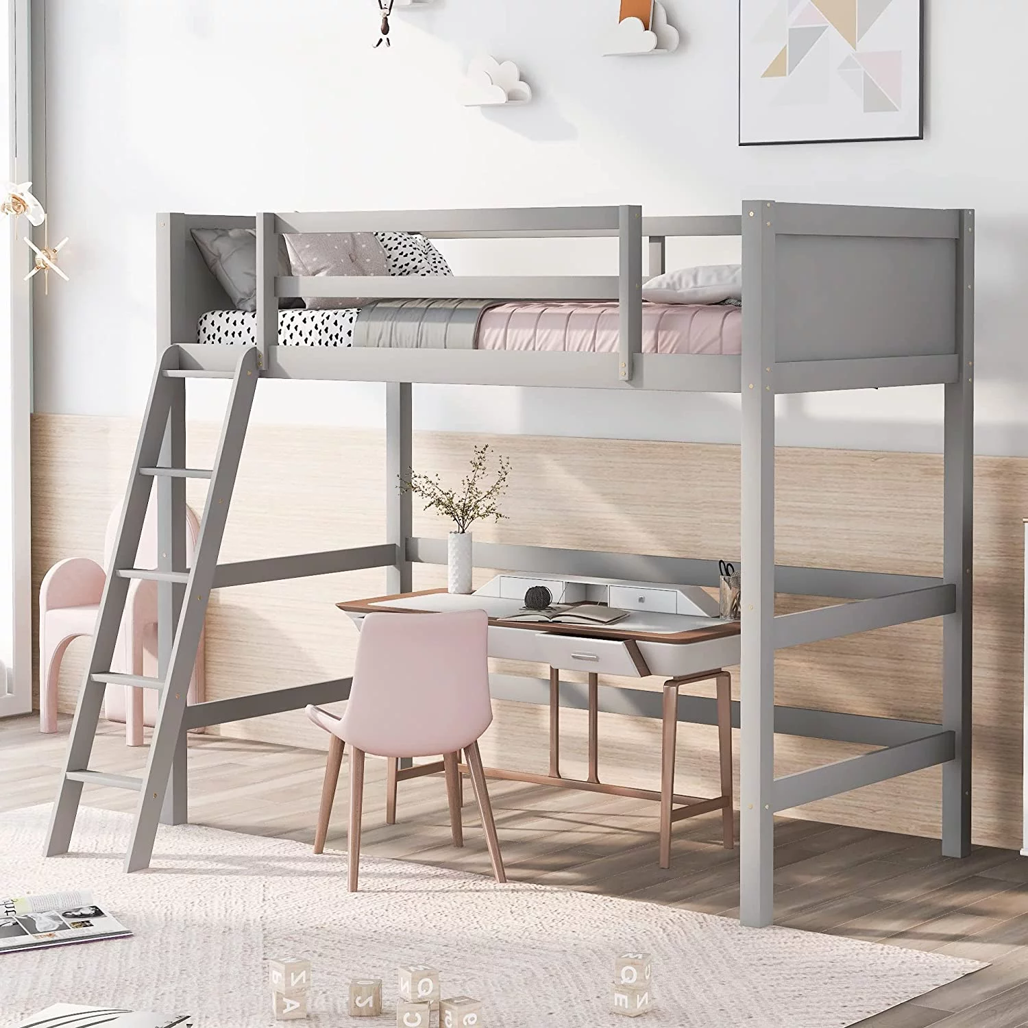 Twin Size Solid Wood Loft Bed with Ladder&Safety Guardrail,Space-Saving Design&Built in Solid Slat Support for Boys/Girls/Teens Bedroom,No Spring Box Needed (Gray)