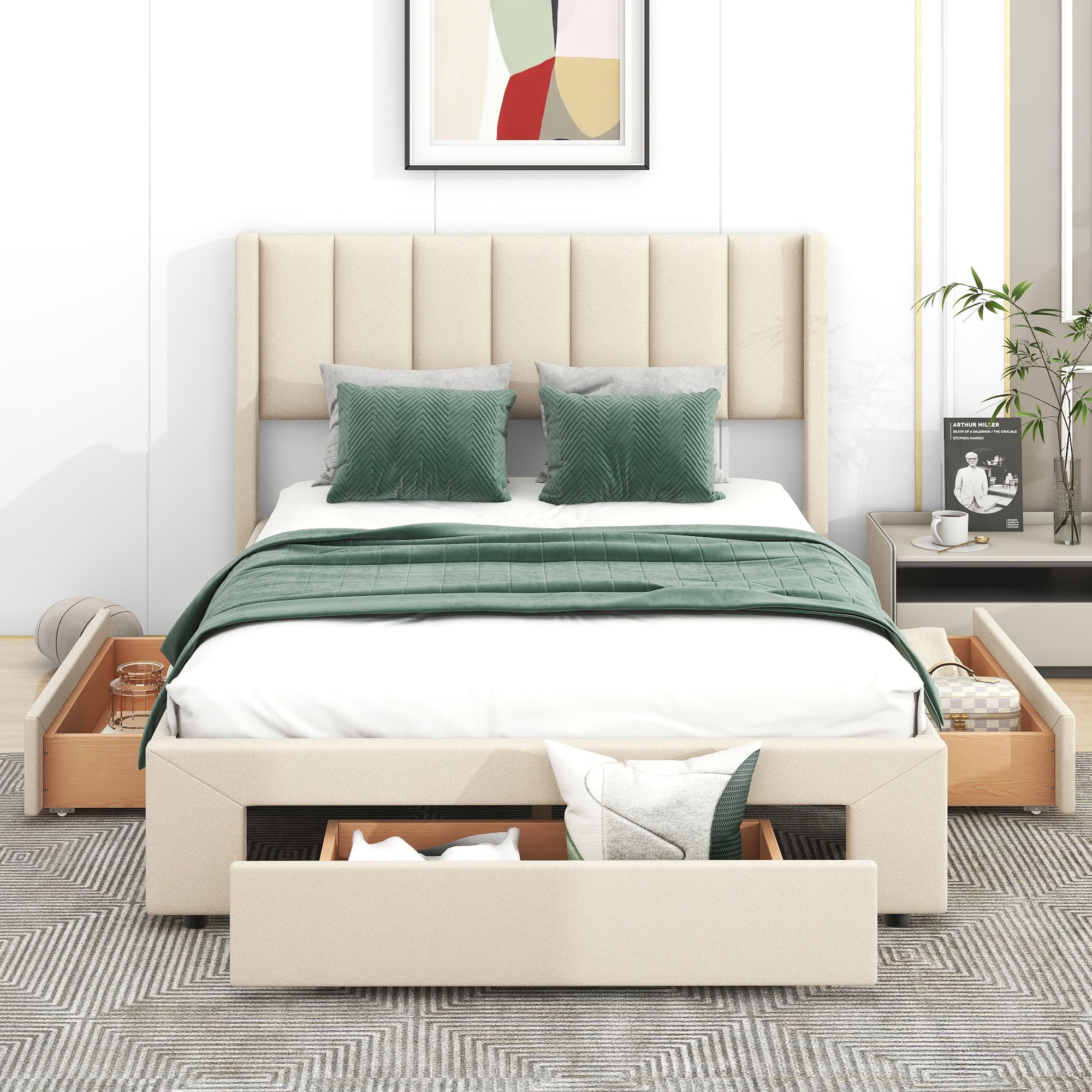 CoSoTower Full Size Upholstered Platform Bed with One Large Drawer in The Footboard and Drawer On Each Side,Beige