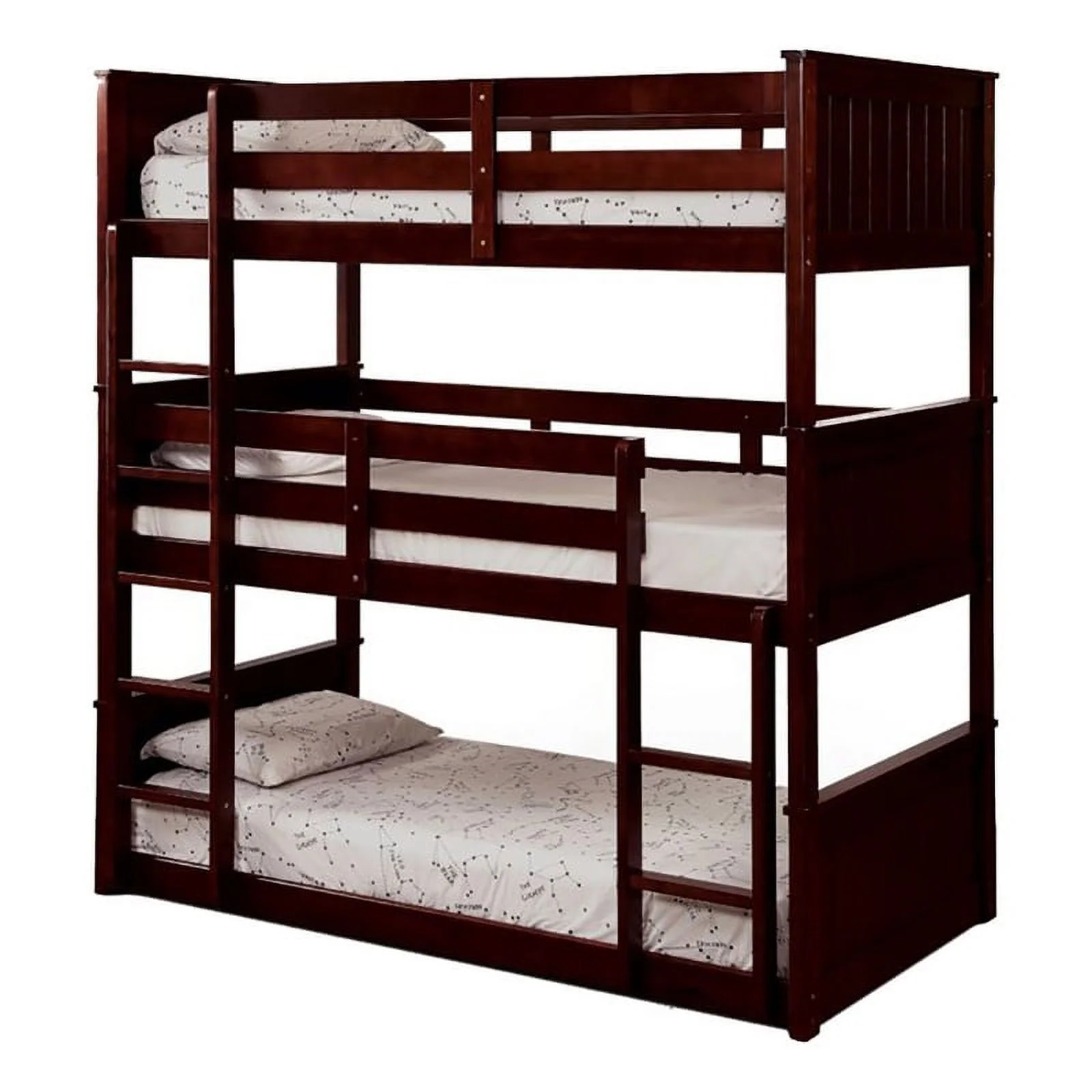 Bowery Hill Transitional Wood Twin Triple Decker Bunk Bed in Dark Walnut