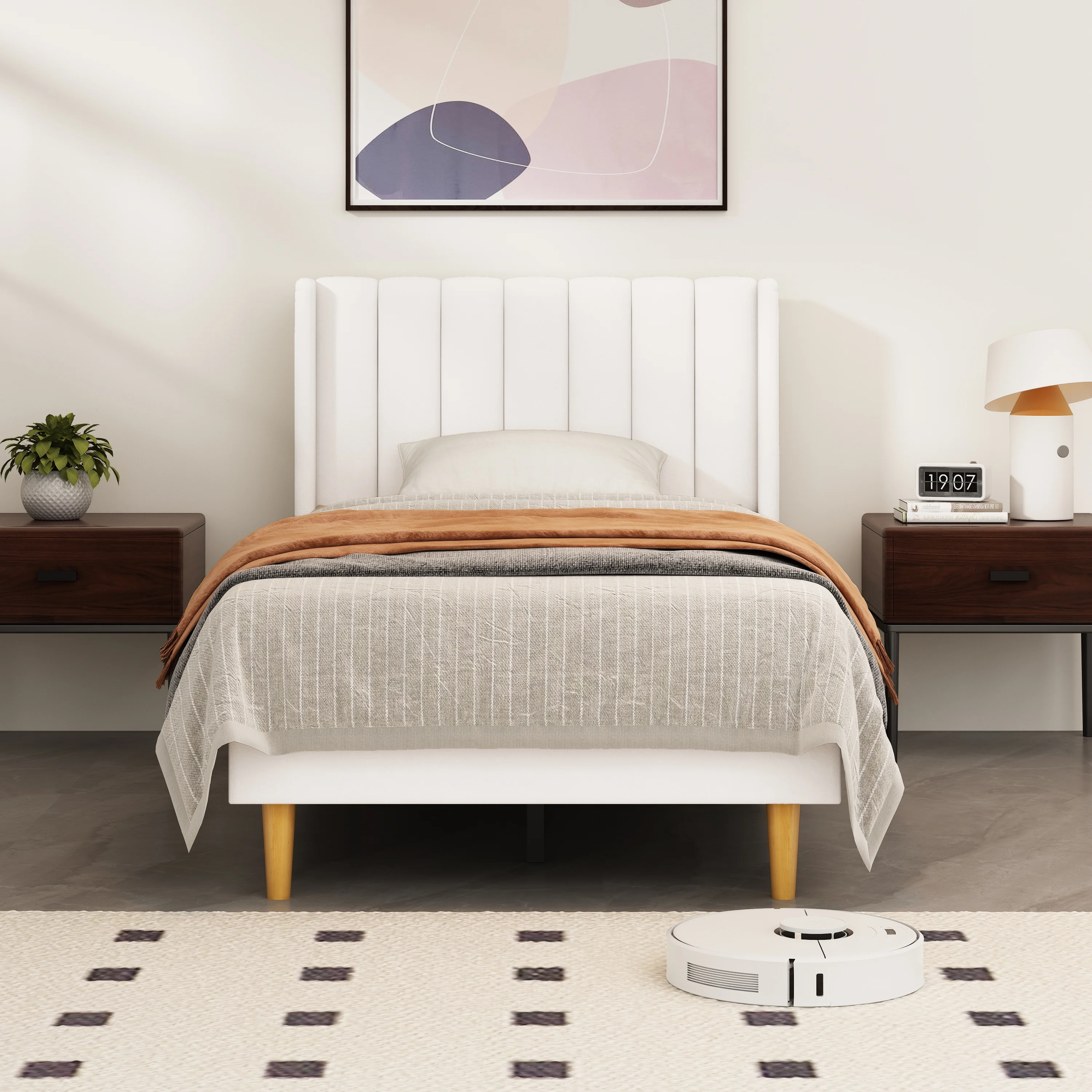 Zanmintaobo Upholstered Platform Bed Frame with Tufted Wingback, Twin Size, Cream