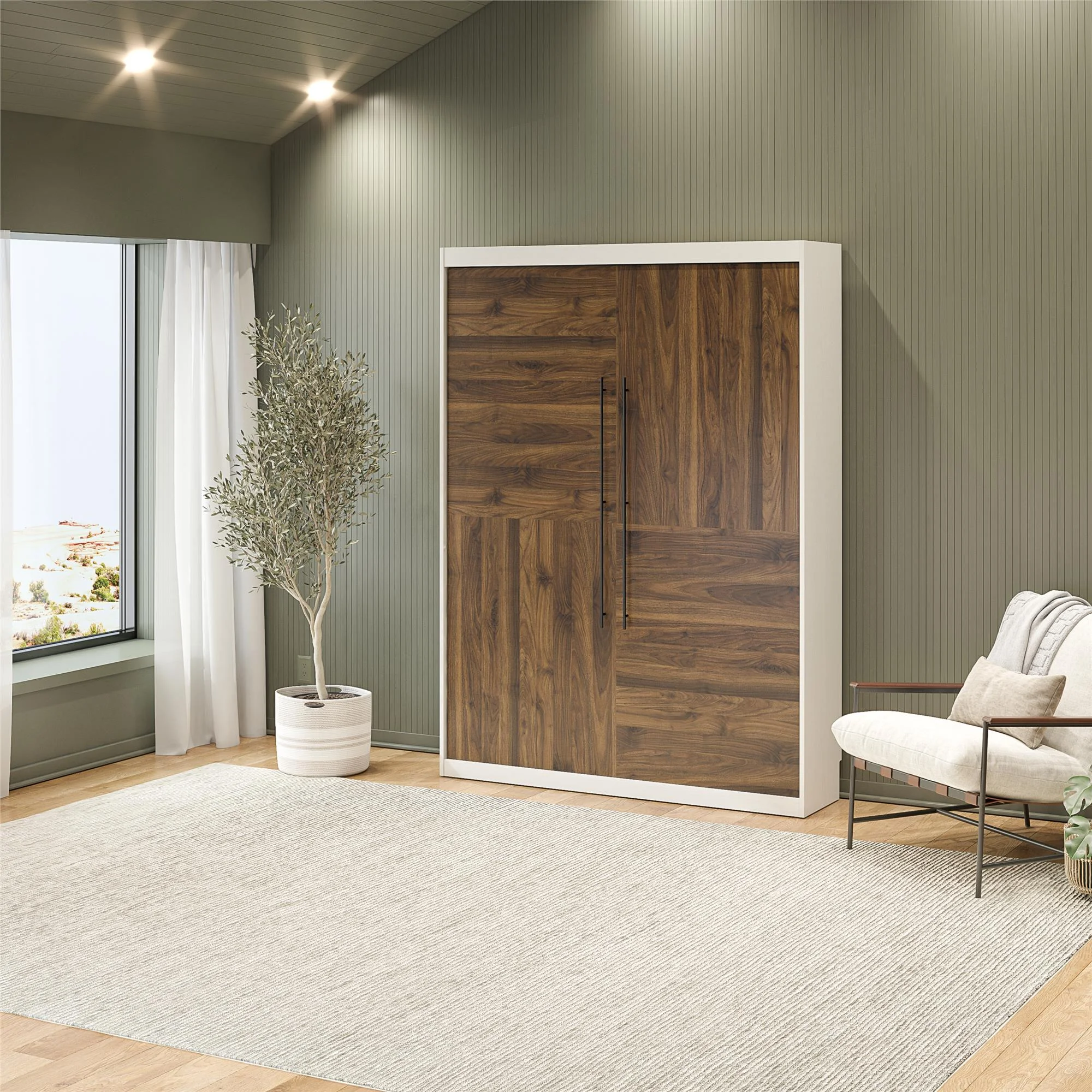 Signature Sleep Pinnacle 2-Tone Queen Size Murphy Bed with Decorative Door Front, Walnut