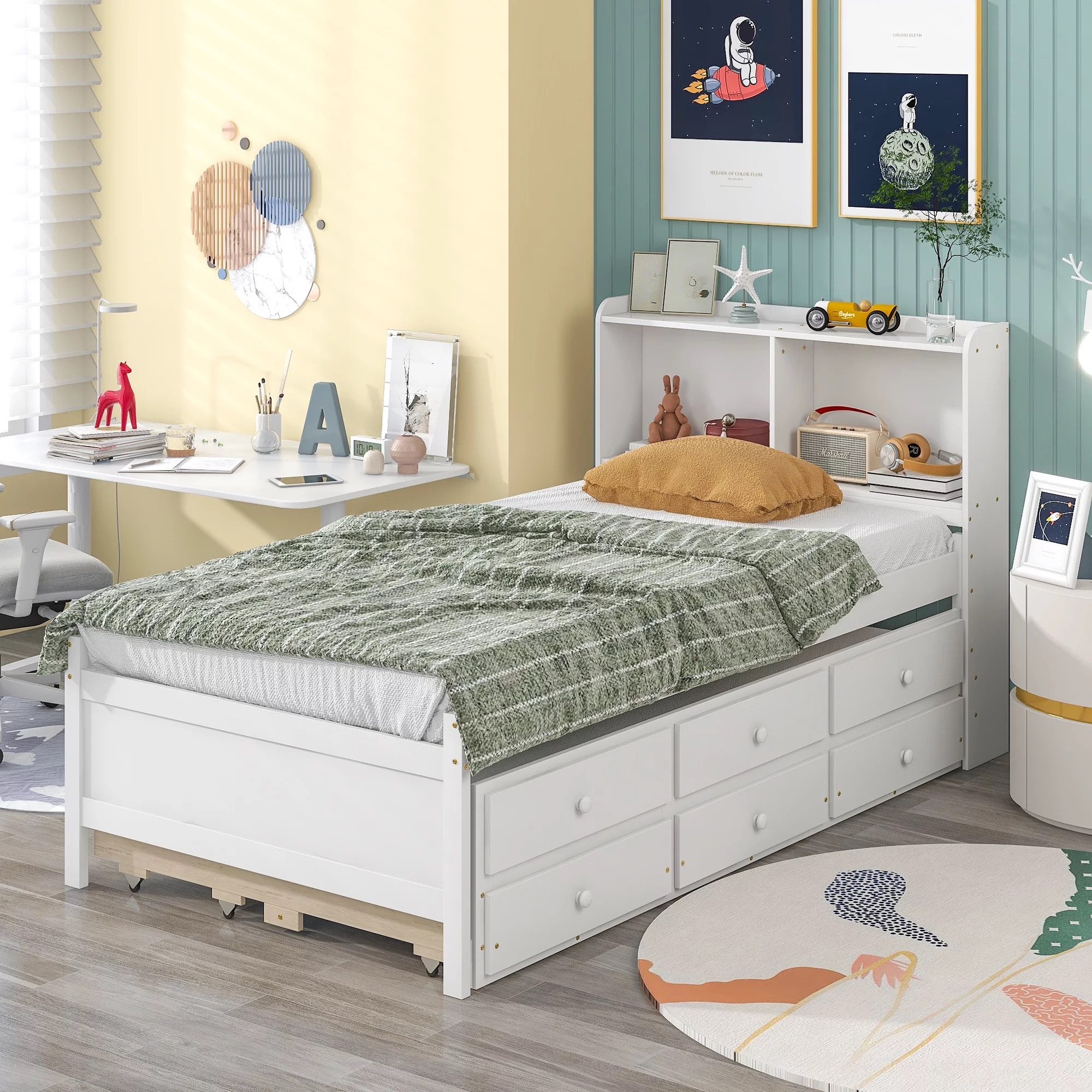 Wood Twin Size Platform Bed with Trundle and Drawers, Twin Captain Bed with Bookcase Headboard for Kids, Teens, No Box Spring Needed (White)