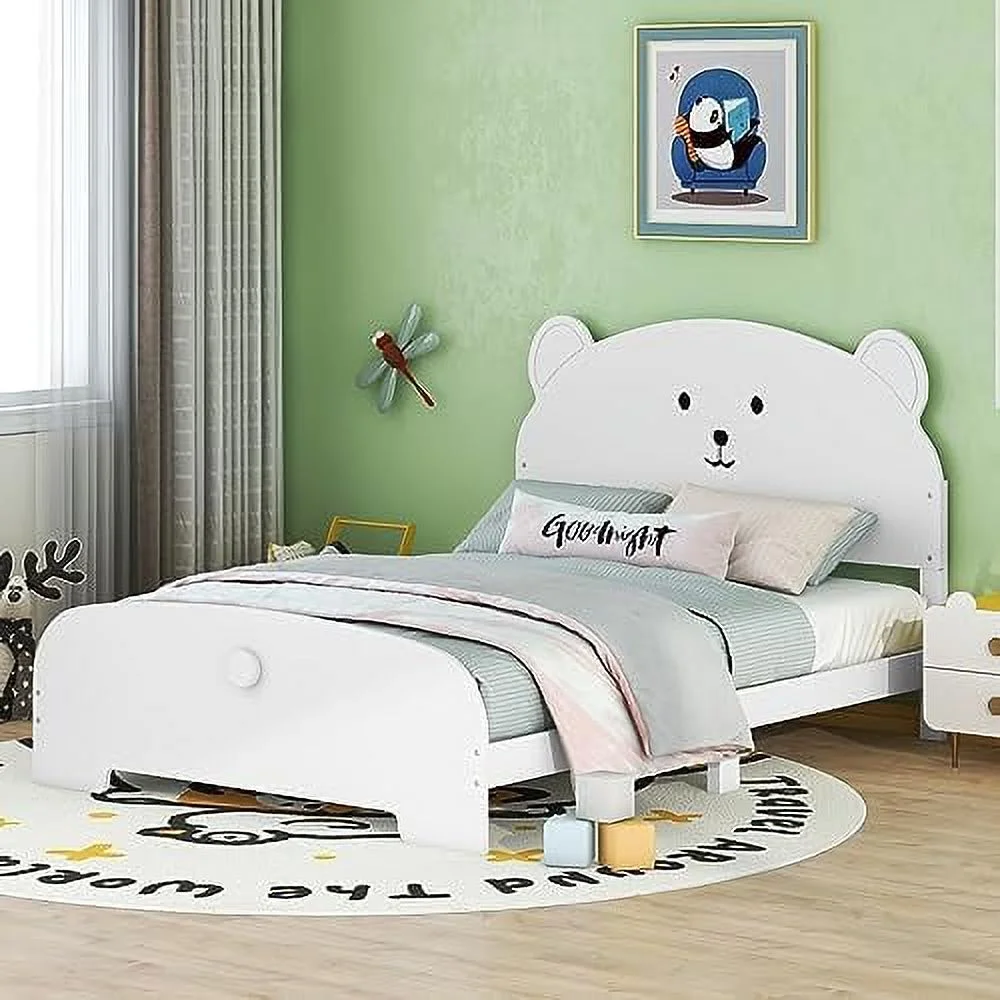 Full Size Wood Platform Bed With Bear-Shaped Headboard And Footboard,White