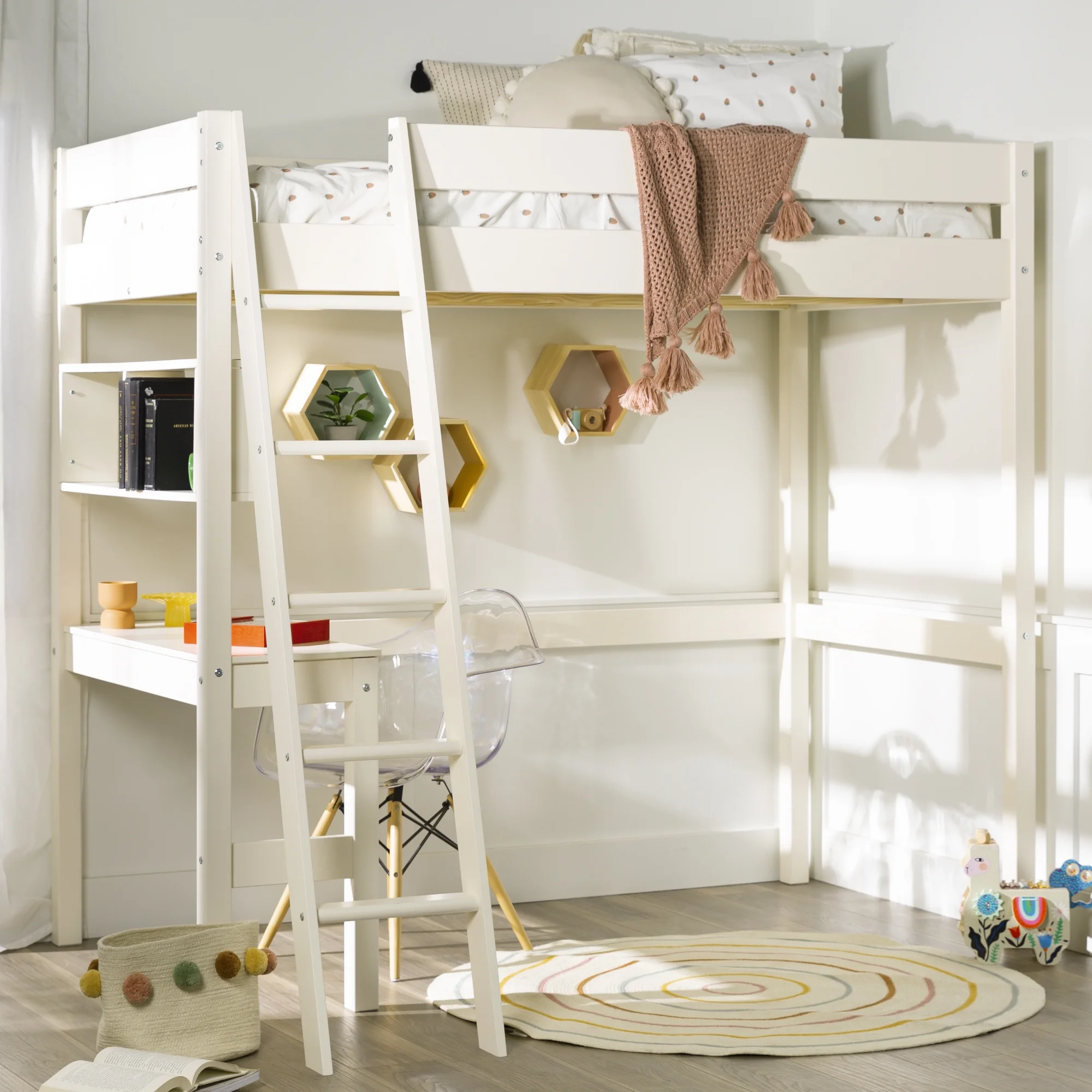 Walker Edison Modern Solid Wood Twin Loft Bed with Built-in Desk, White