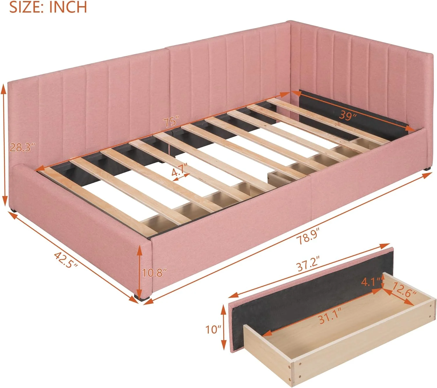 Upholsered Daybed Wih Sorage Drawers, Size Daybed Wih Wood Slas, Lie Fabric Sofa Bed Frame For Livig Room Bedroom ( Size, )