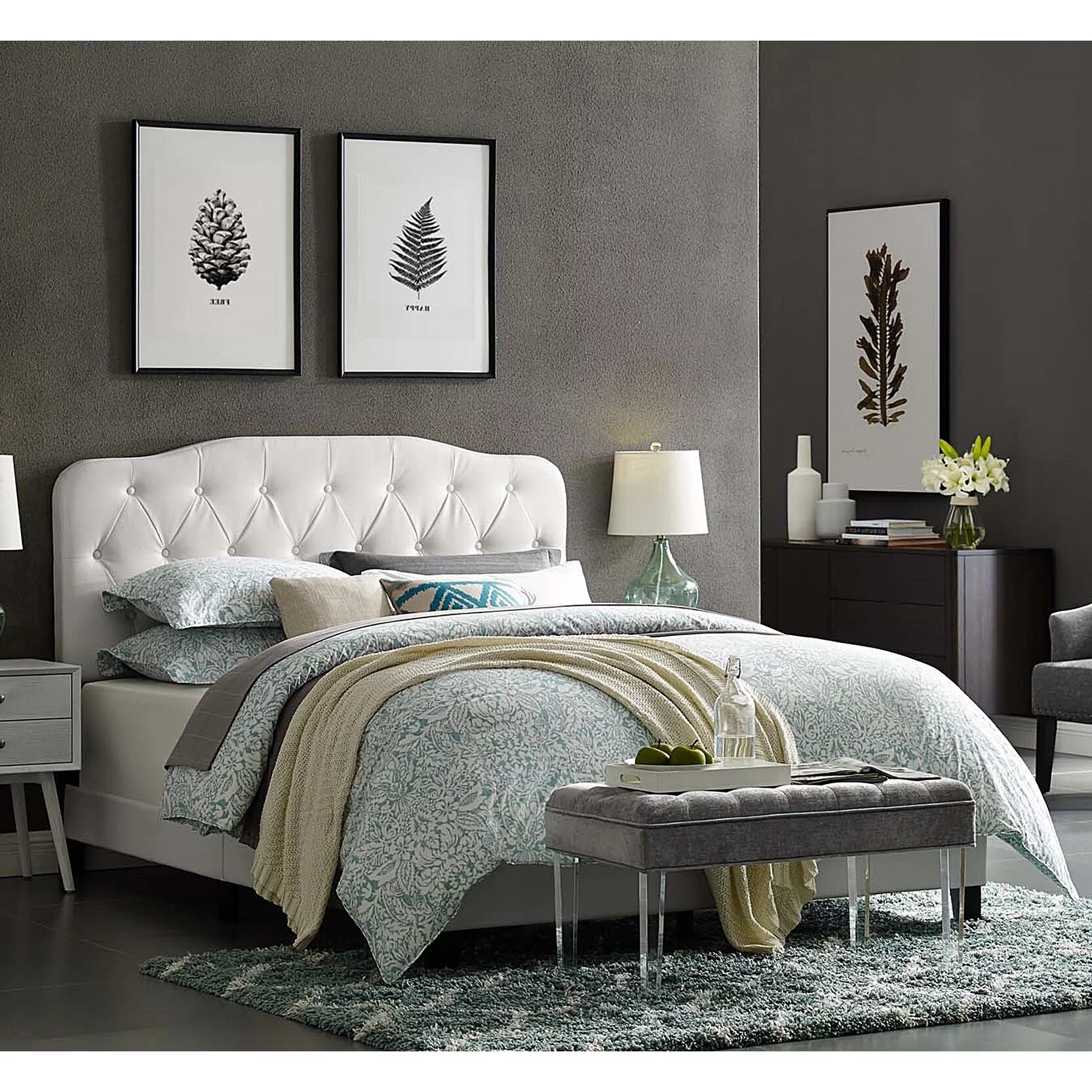 BSD National Supplies Dayton Full Size White Leather Platform Bed with Button Tufted Headboard