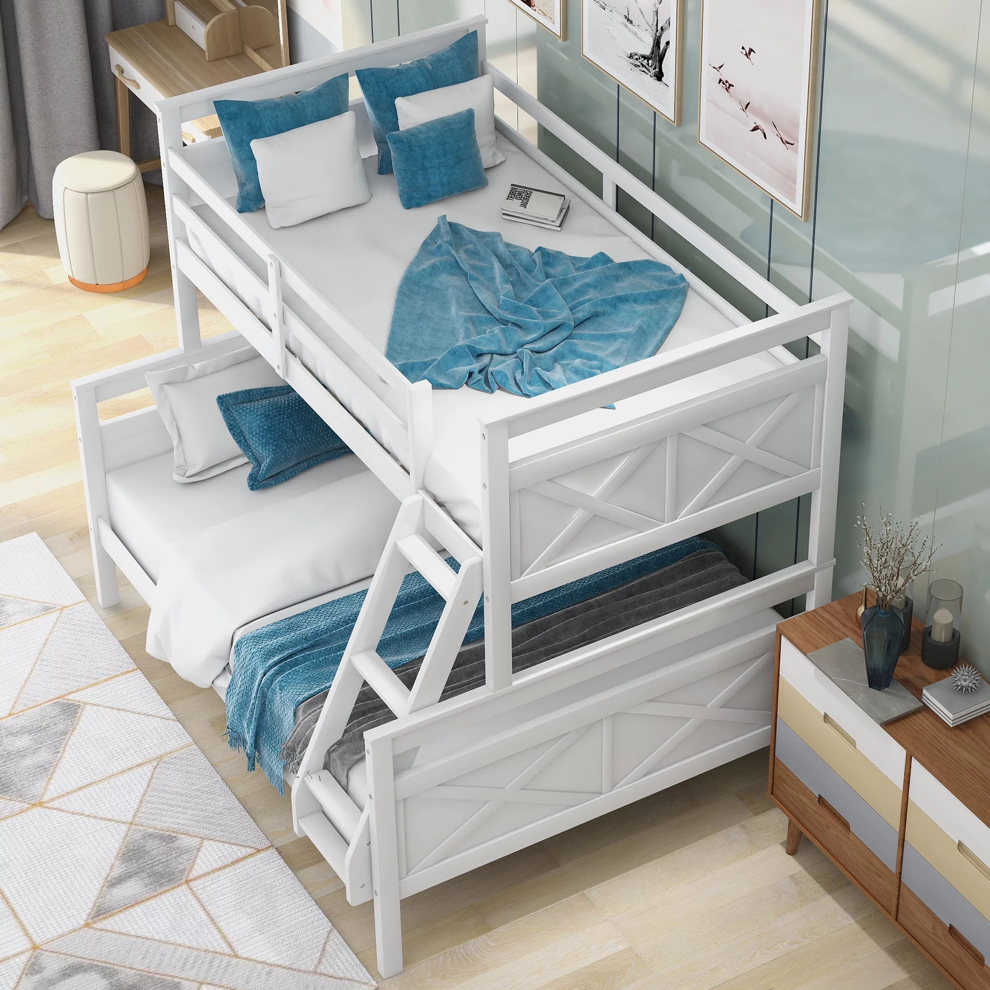 Twin over Full Wood Bunk Bed with Ladder for Kid's Room, White