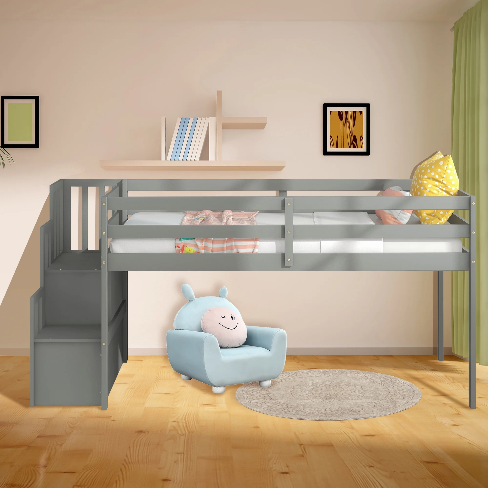LUKEE Kids Toddlers & Teens Wood Low Loft Bed Frame with Storage and Stairs, High Guard Rails to Protect Children, No Box Spring Needed.(Gray)