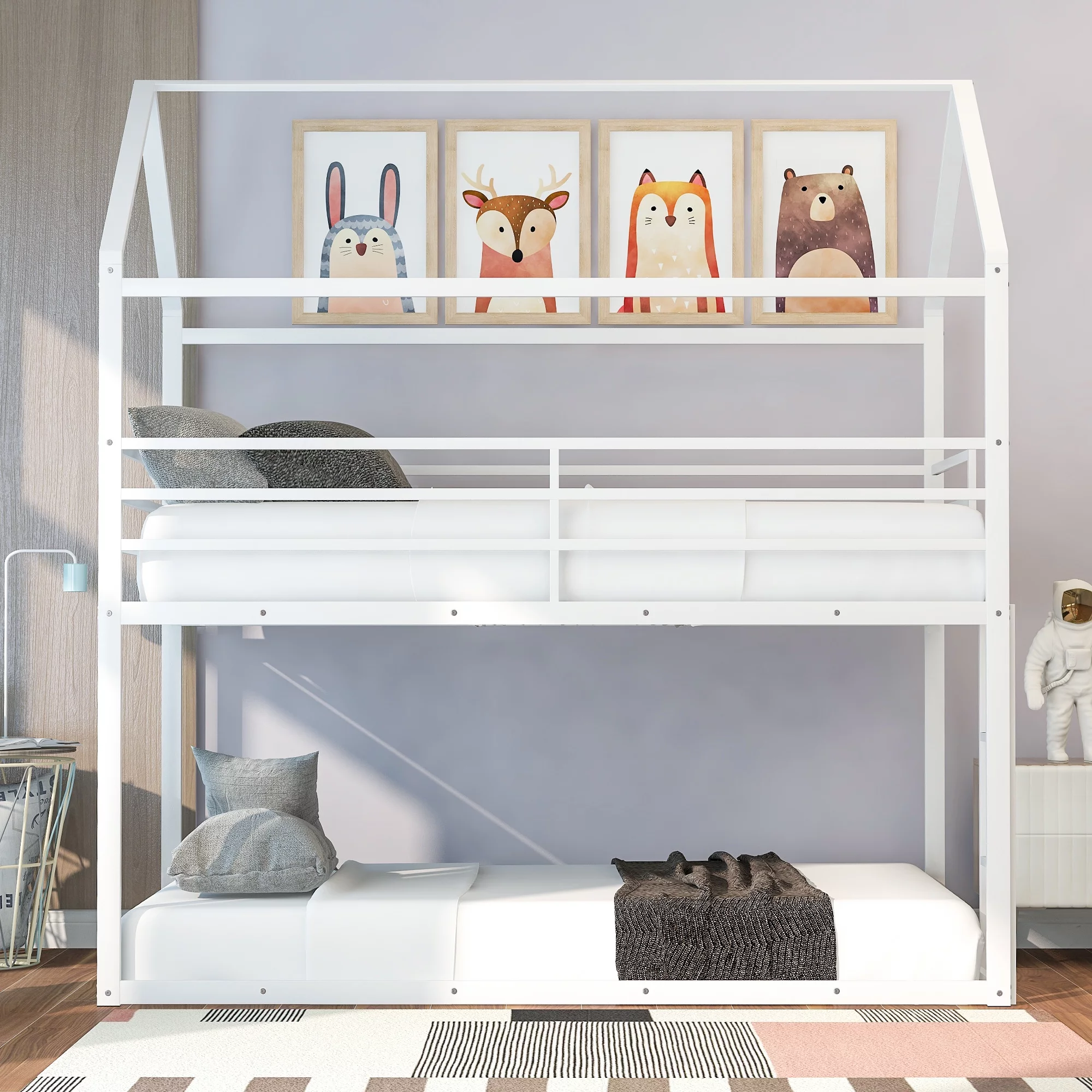 CoSoTower Bunk Beds For Kids Twin Over Twin,House Bunk Bed Metal Bed Frame Built-In Ladder,No Box Spring Needed White