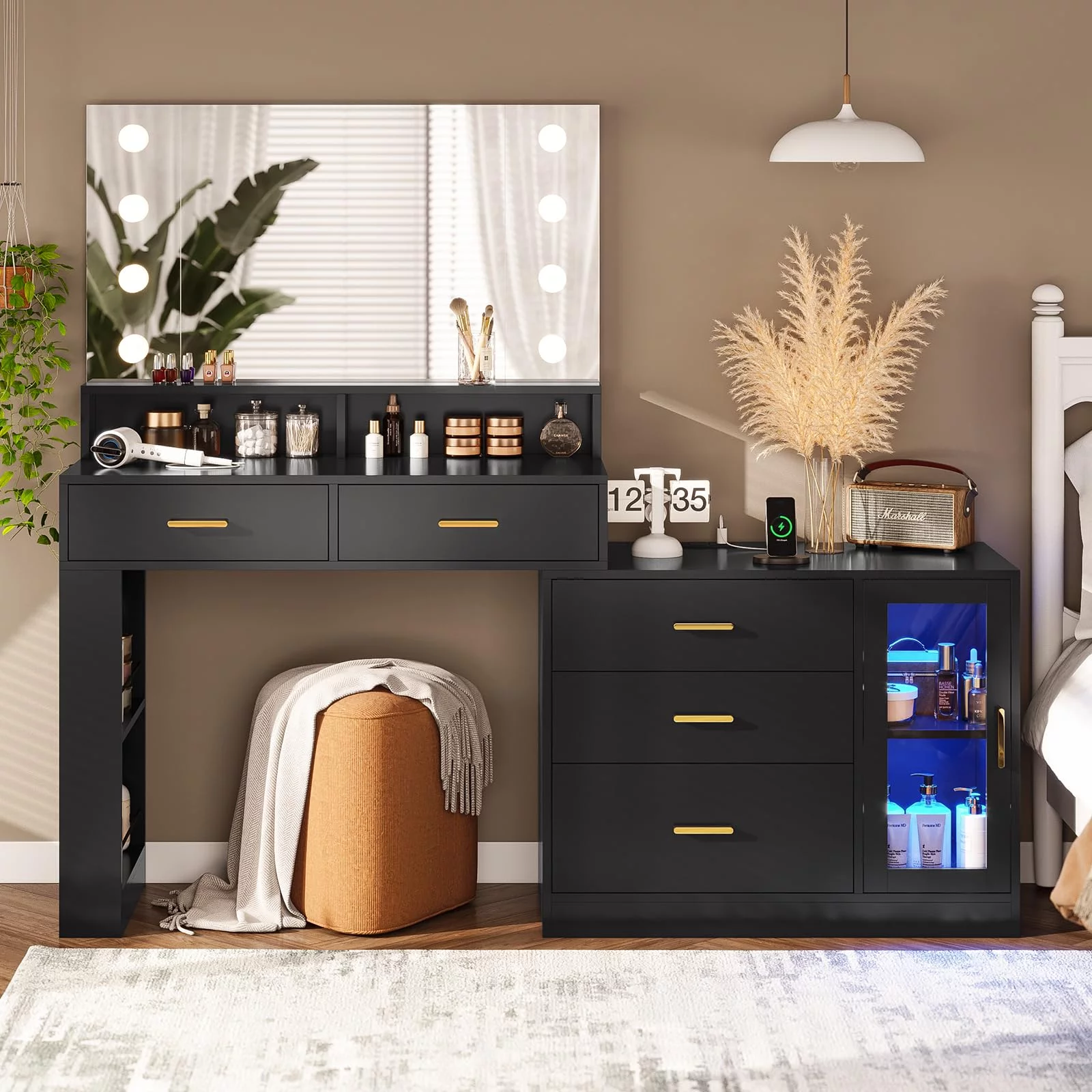 Vanity Table with Charging Station, Makeup Dressing Desk with 3 Drawers LED Dresser, Black