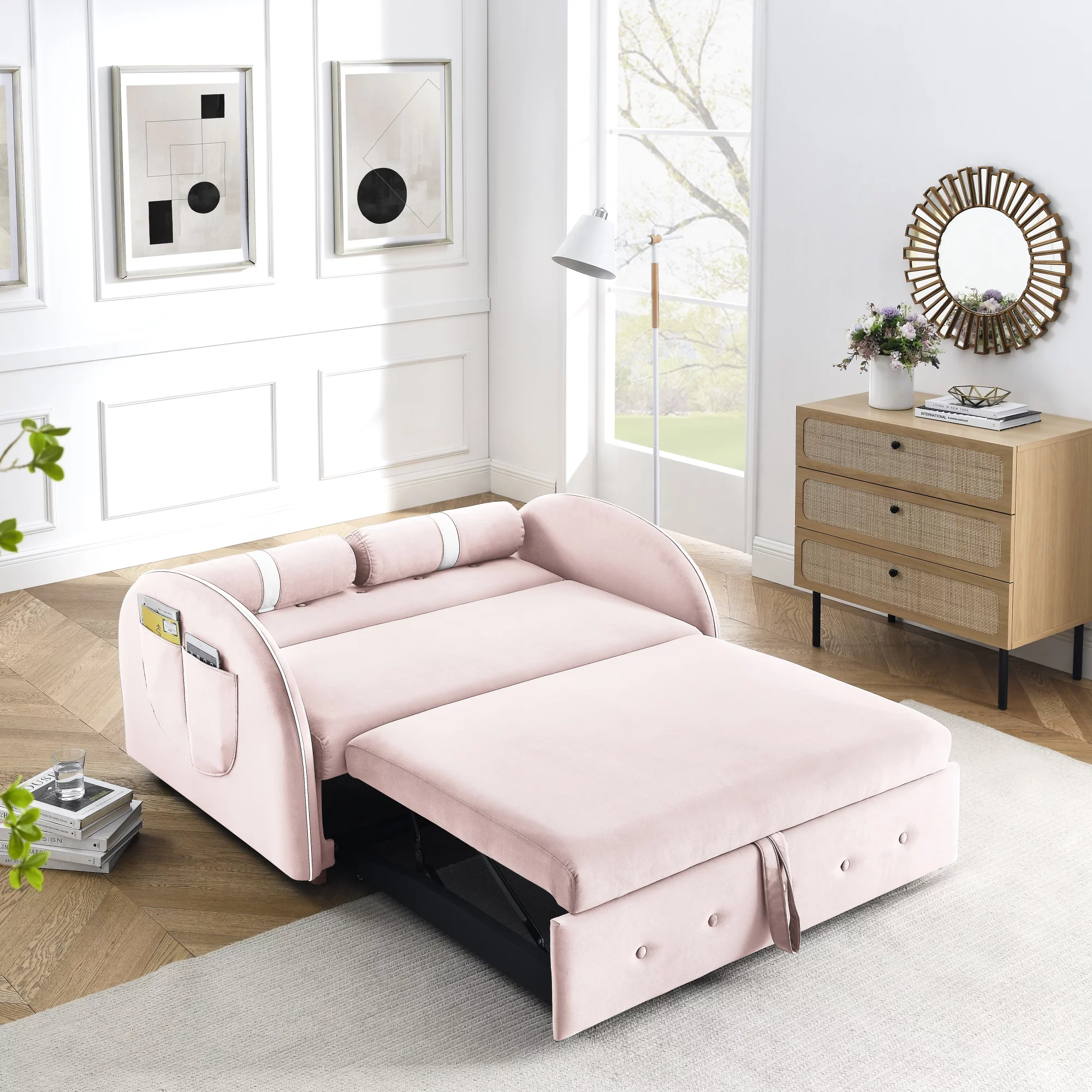 Ufurpie Pull Out Sleep Sofa Bed 2 Seater Loveseats Sofa Couch with side pockets,Adjsutable Backrest and Lumbar Pillows for Apartment Office Living Room,Pink
