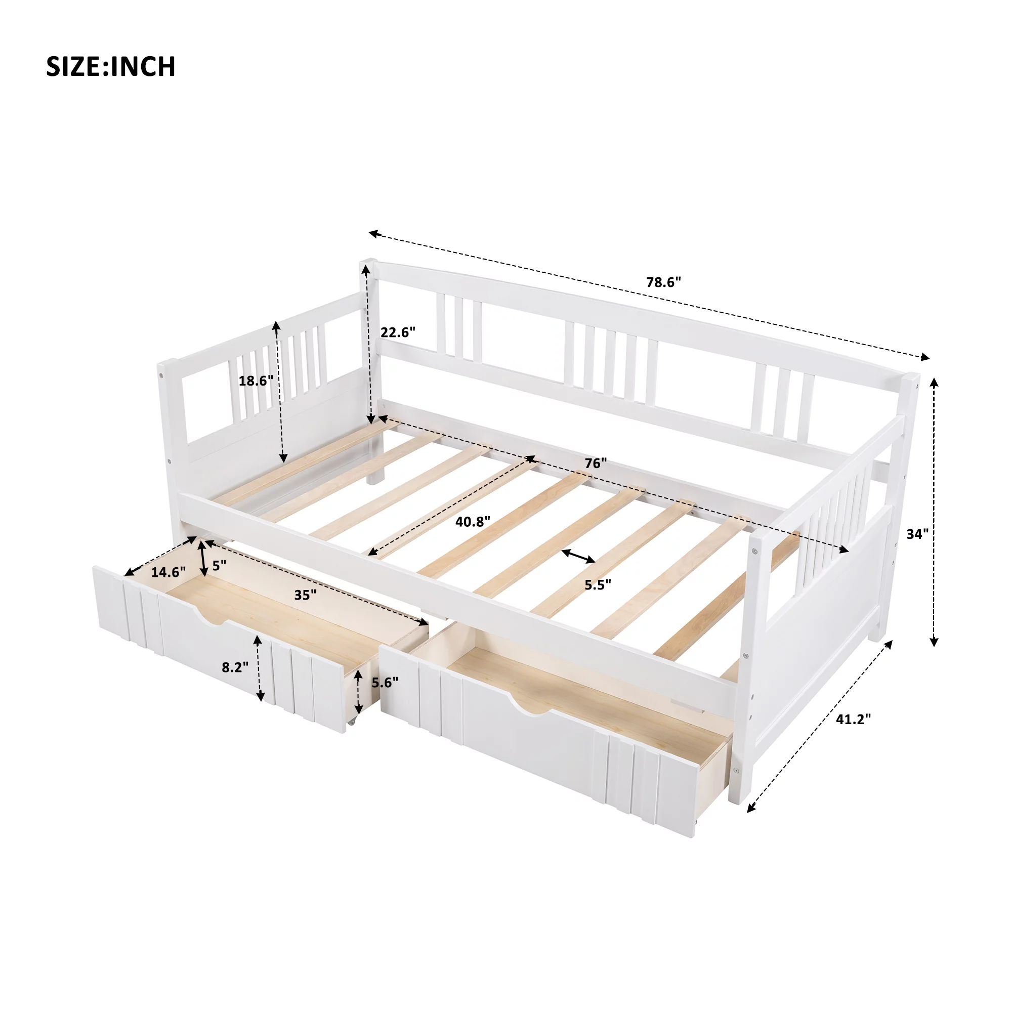 White Twin Size Daybed Wood Bed with Two Drawers