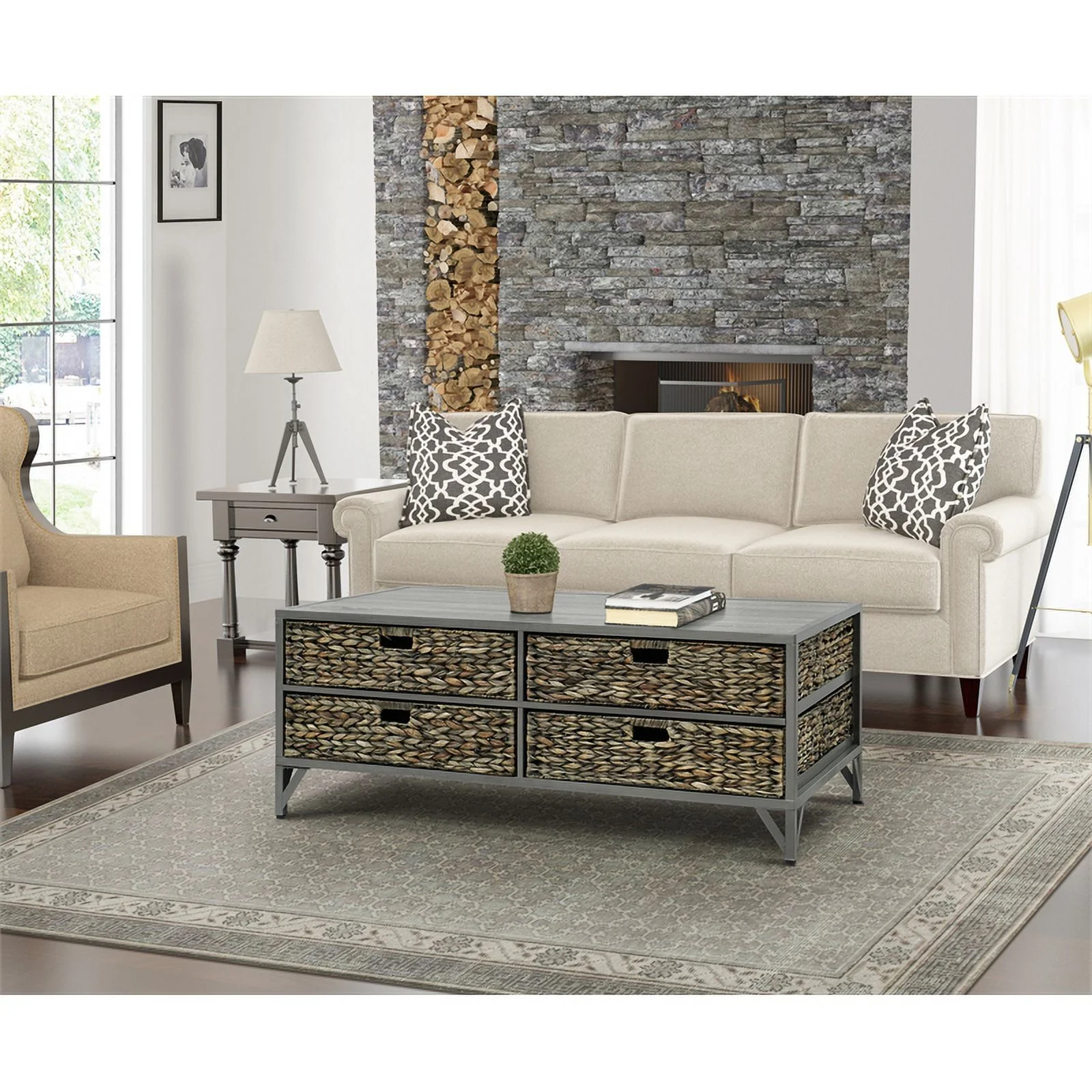 Gallerie Decor Rio Metal/Wood Coffee Table with Hairpin Legs in Gray