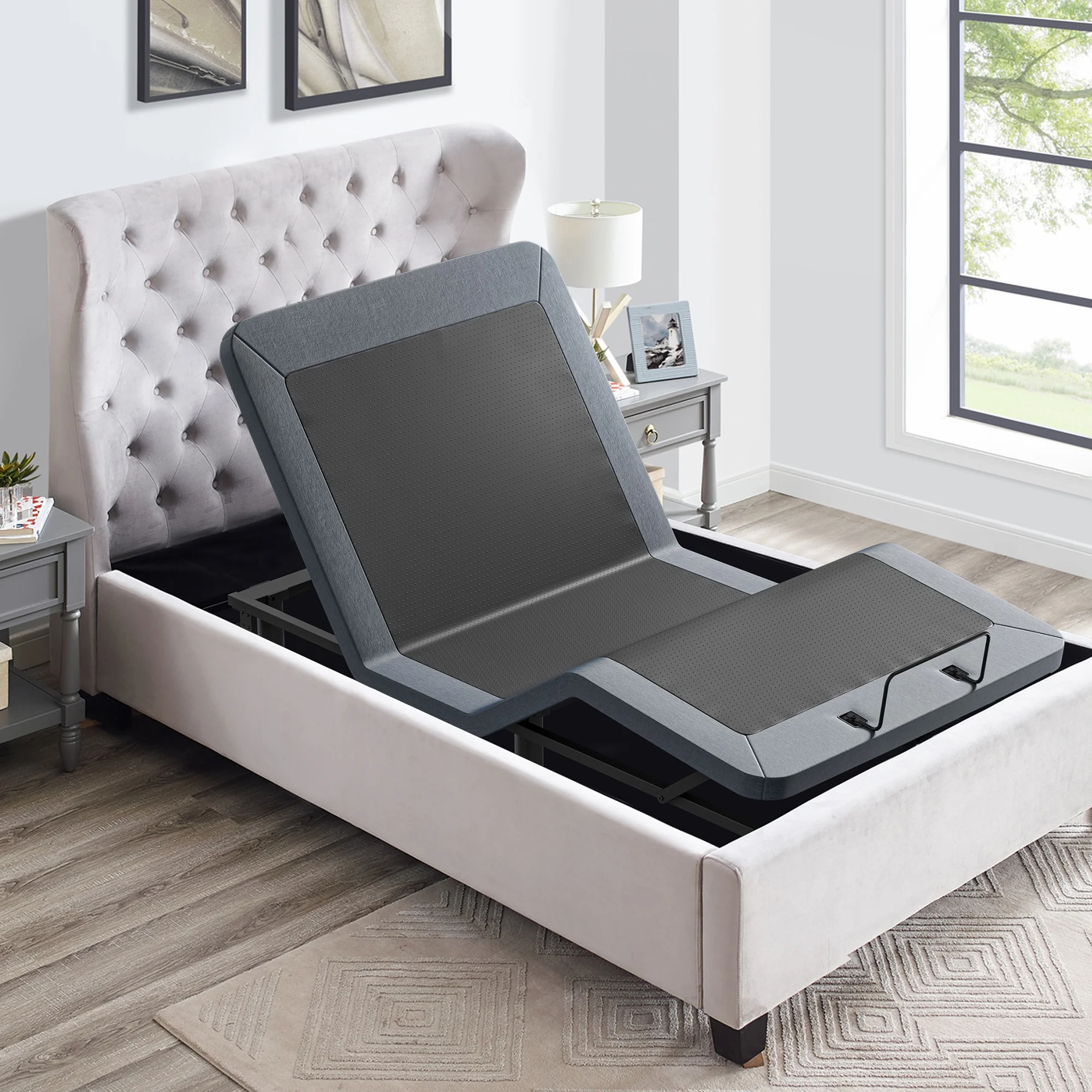 SunsGrove Motorized Upholstered Adjustable Bed Base with Wireless Remote, Head and Foot Incline, Memory Pre-Sets, Anti-Snore, Zero Gravity, Adjustable Leg Heights Bed Frame, Twin XL, Split King