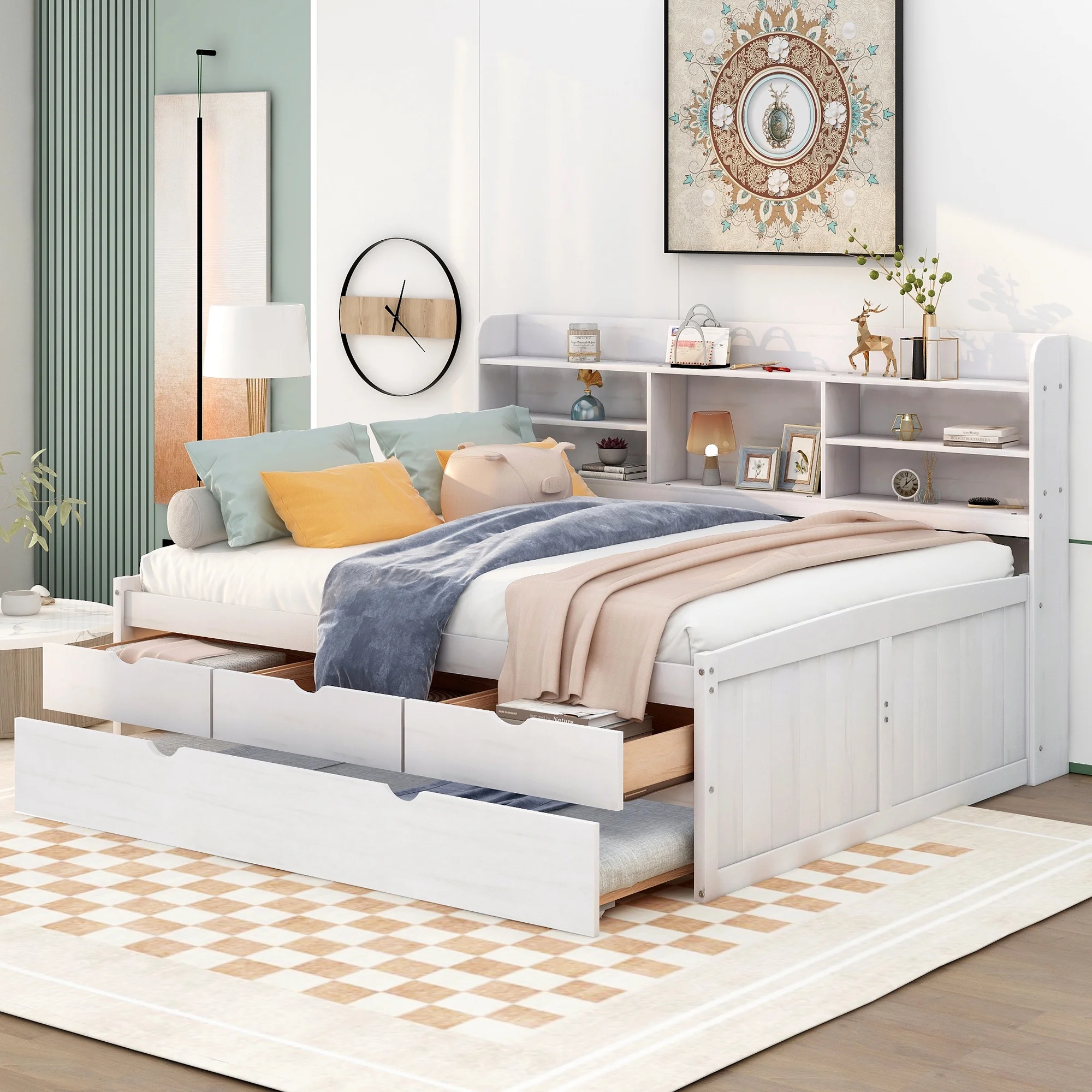 CoSoTower Full Size Wooden Captain Bed with Built-In Bookshelves,Three Storage Drawers and Trundle,White