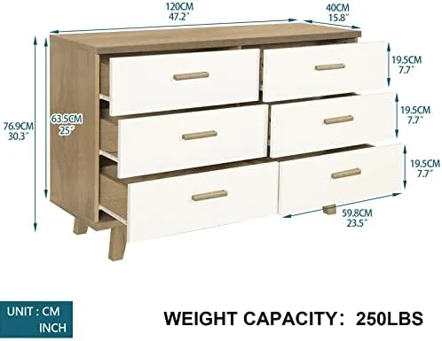HBBOOMLIFE 6 Drawer Dresser with Wood Grain Tabletop and White Drawer Bedroom Dresser with Solid Wood Handles and Legs Tall Nightstand Cabinet for Living Room