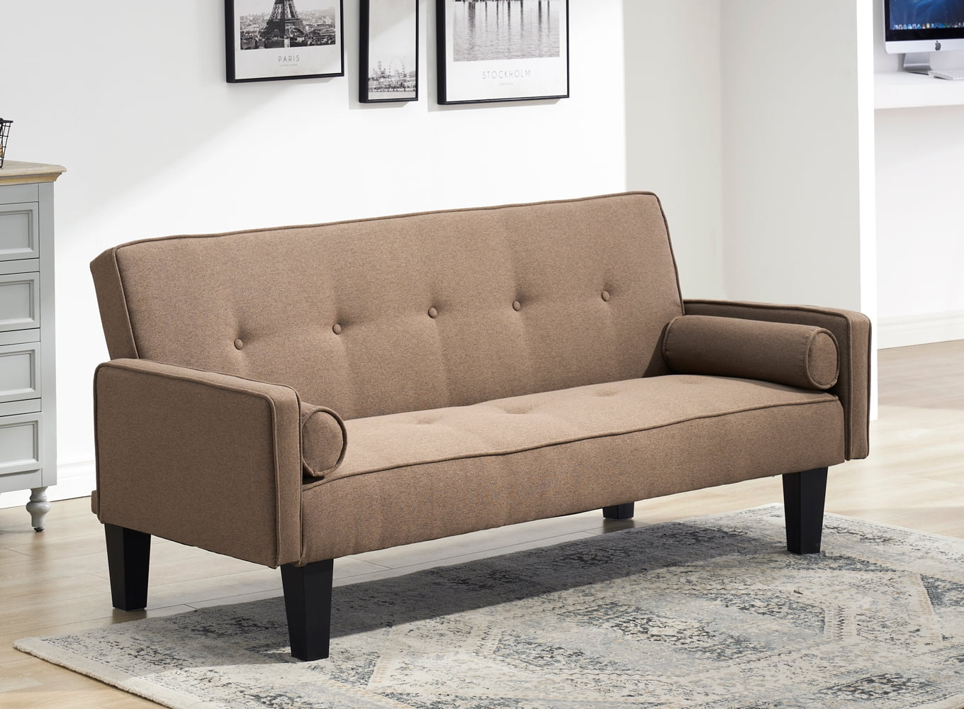 Yone jx je Modern Futon Sofa Loveseat Convertible Sleeper Bed Daybed, Folding Recliner with Two Pillows, Cotton Linen 2-Seat Sofá & Couches for Living Room, Apartment, Brown 2 Seaters