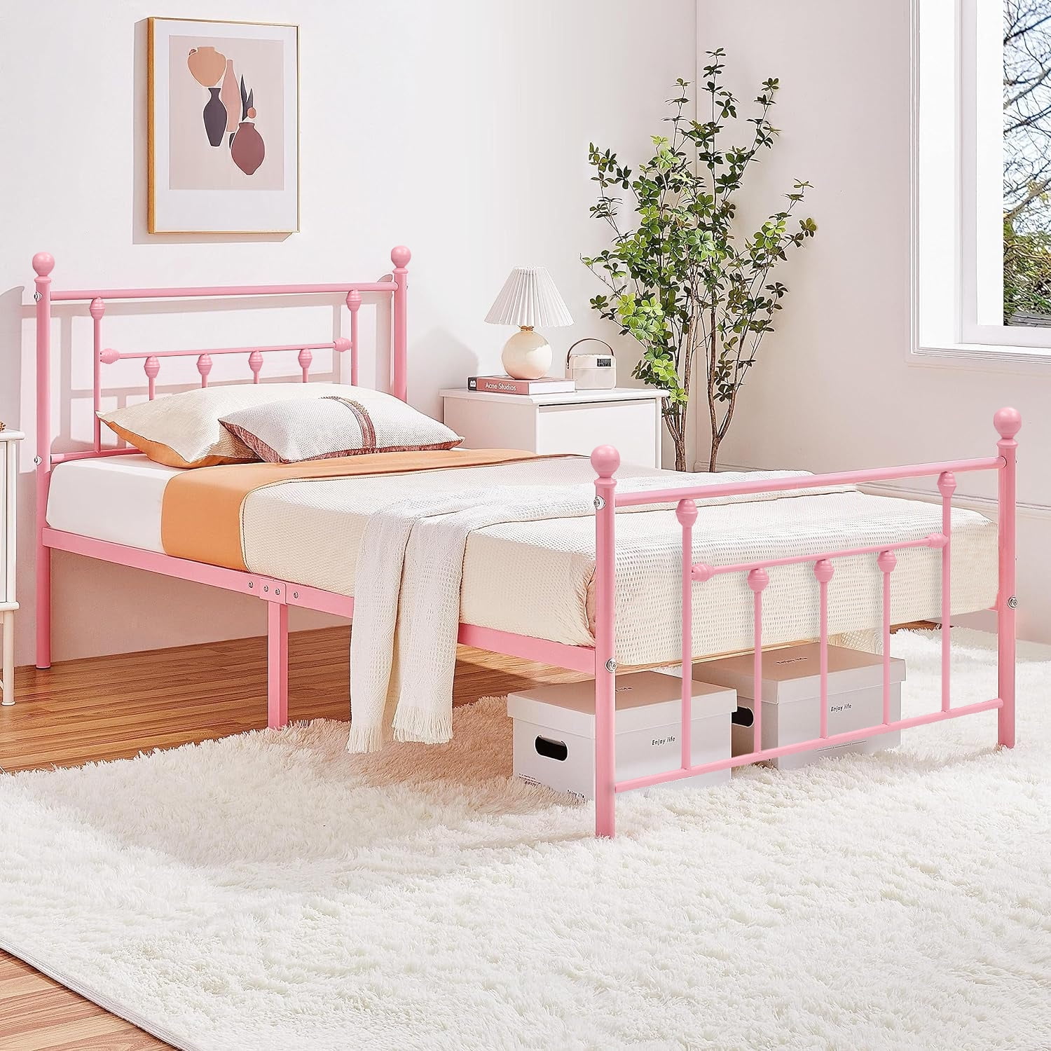 VECELO Twin Size Metal Bed Frame with Headboard and Footboard for Boys Girls, Kids, Adult Bedroom, No Box Spring Need, Pink