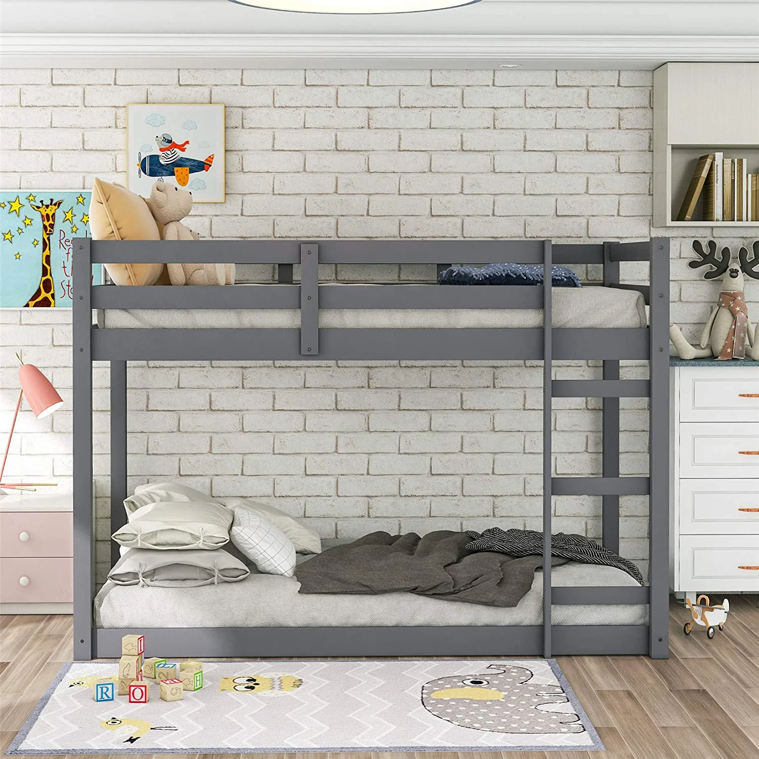 Low Bunk Beds Over, Wood Bunk Bed Frame With Safety Rail Ladder For Kids Bedroom, Gray Loft Bed For Boys Girls Toddlers, , Gray Floor Bunk