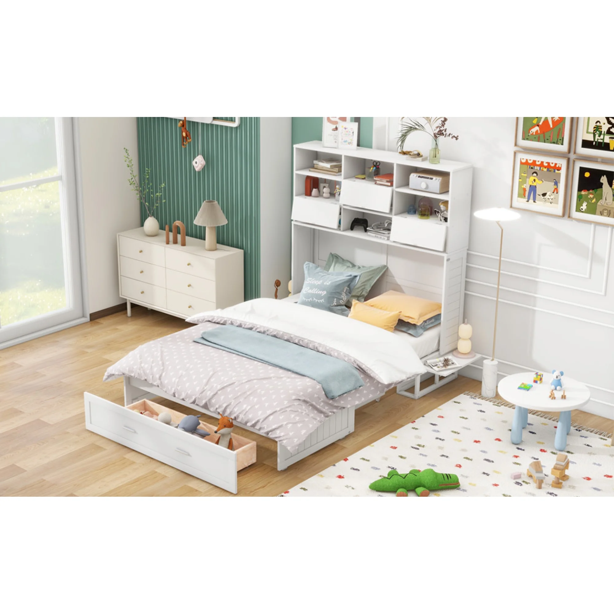 Queen Size Murphy Bed with Bookcase, Bedside Shelves and a Big Drawer, White
