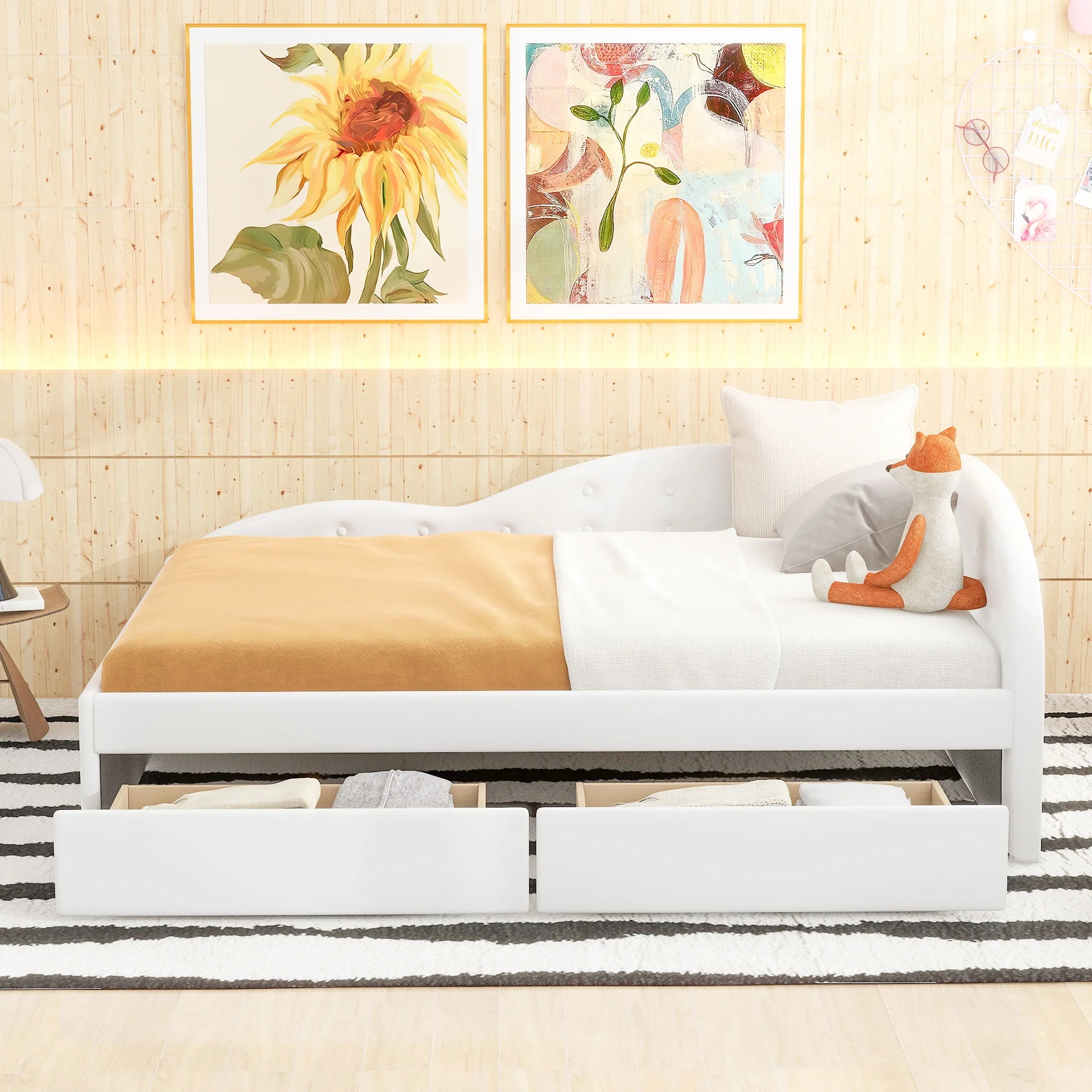Euroco Full Size PU Upholstery Daybed, Tufted Sofa Bed with 2 Drawers for Kids Room, White