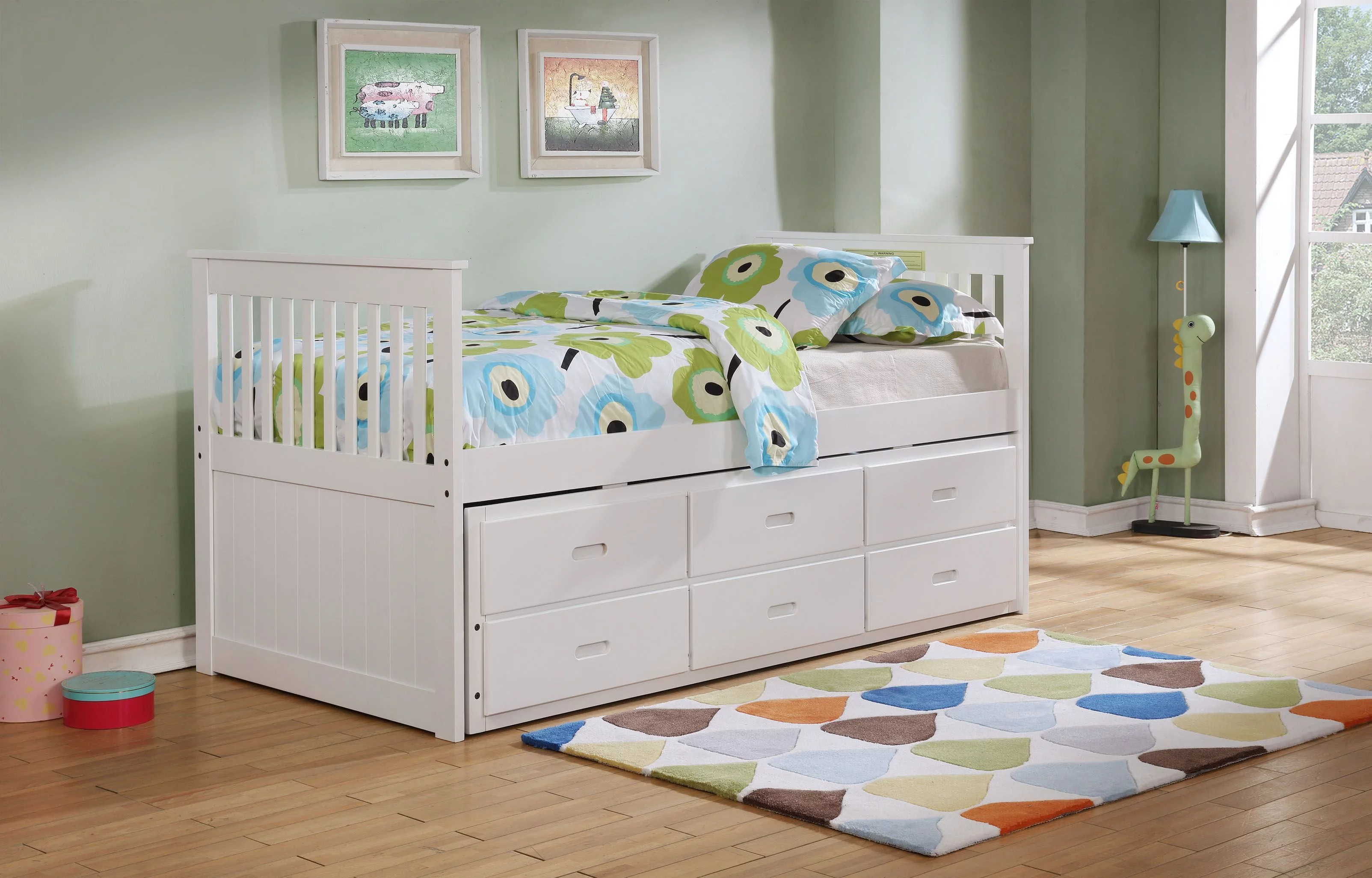 Phillips Twin Size Captain Bed with Trundle Bed & 3 Drawers, White